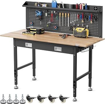 Garvee Adjustable Workbench for Garage, 60x22 in Rubber Wood Top Workstation with Pegboard, Universal Wheels and Drawer, 2000 LBS Load Capacity Shop Table with Power Outlets for Workshop