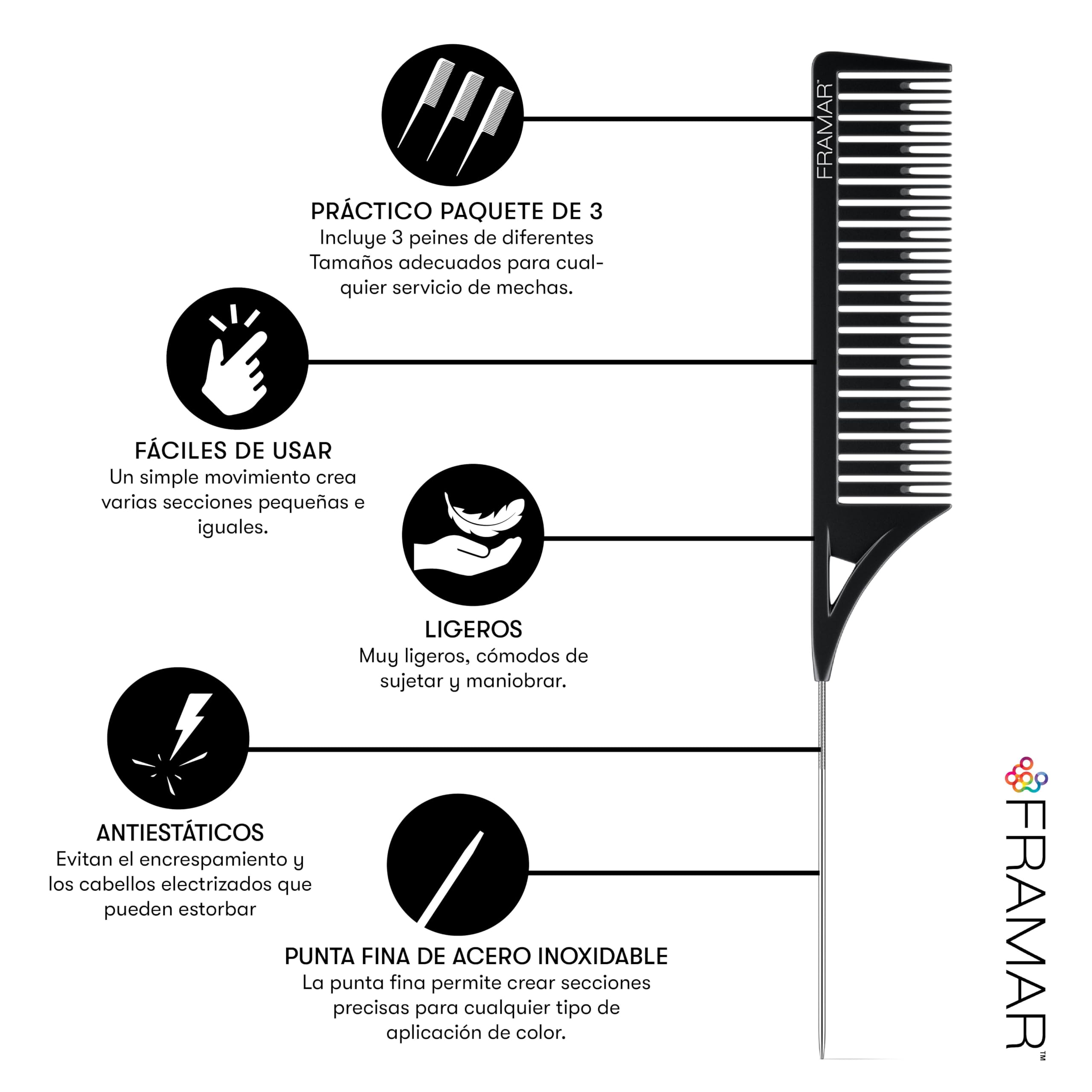 Framar Peines de Peluqueria Profesional - Peinetas Para el Pelo, Peine Para Mechas Pelo, Peine Pelo, Set Peines de Peluqueria, Hair Dye Comb – Paquete de 3 Unidades, Tonos Pastel