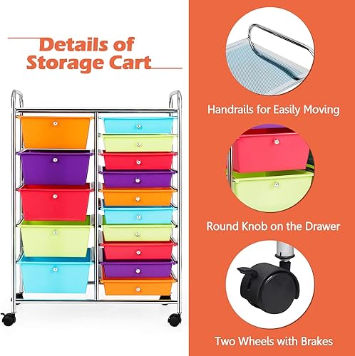 Miniatura 5 de GOFLAME Carrito de almacenamiento con ruedas de 15 cajones, carrito de almacenamiento para manualidades con cajones extraíbles y ruedas con