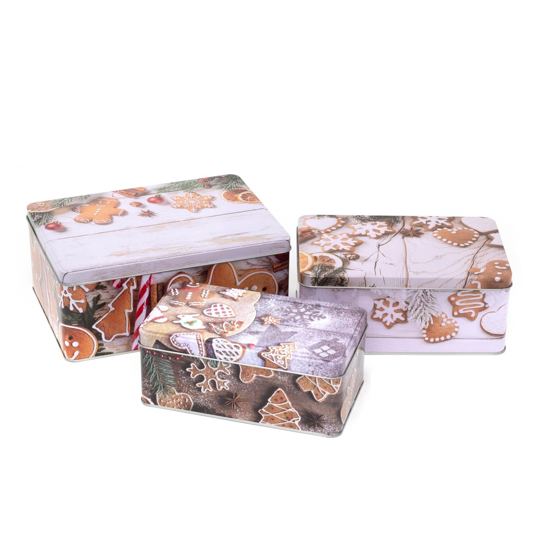 Carousel Home Set of 3 Gingerbread Christmas Storage Tins | Triple Festive Rectangle Nesting Tins | Fairy Cake Biscuit Cookie Muffin Treat Storage Set
