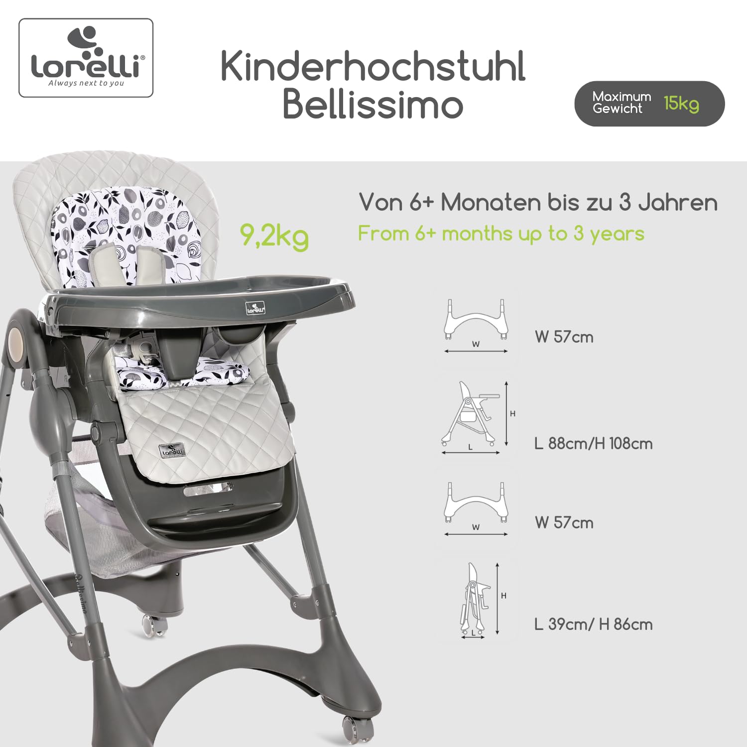 Lorelli Bellissimo krzesełko dziecięce rosnące wraz z dzieckiem, składane, regulowane wysokie krzesło z pasem bezpieczeństwa, podwójna taca, kosz, rolki i obicie ze skóry PU, jasnoszare