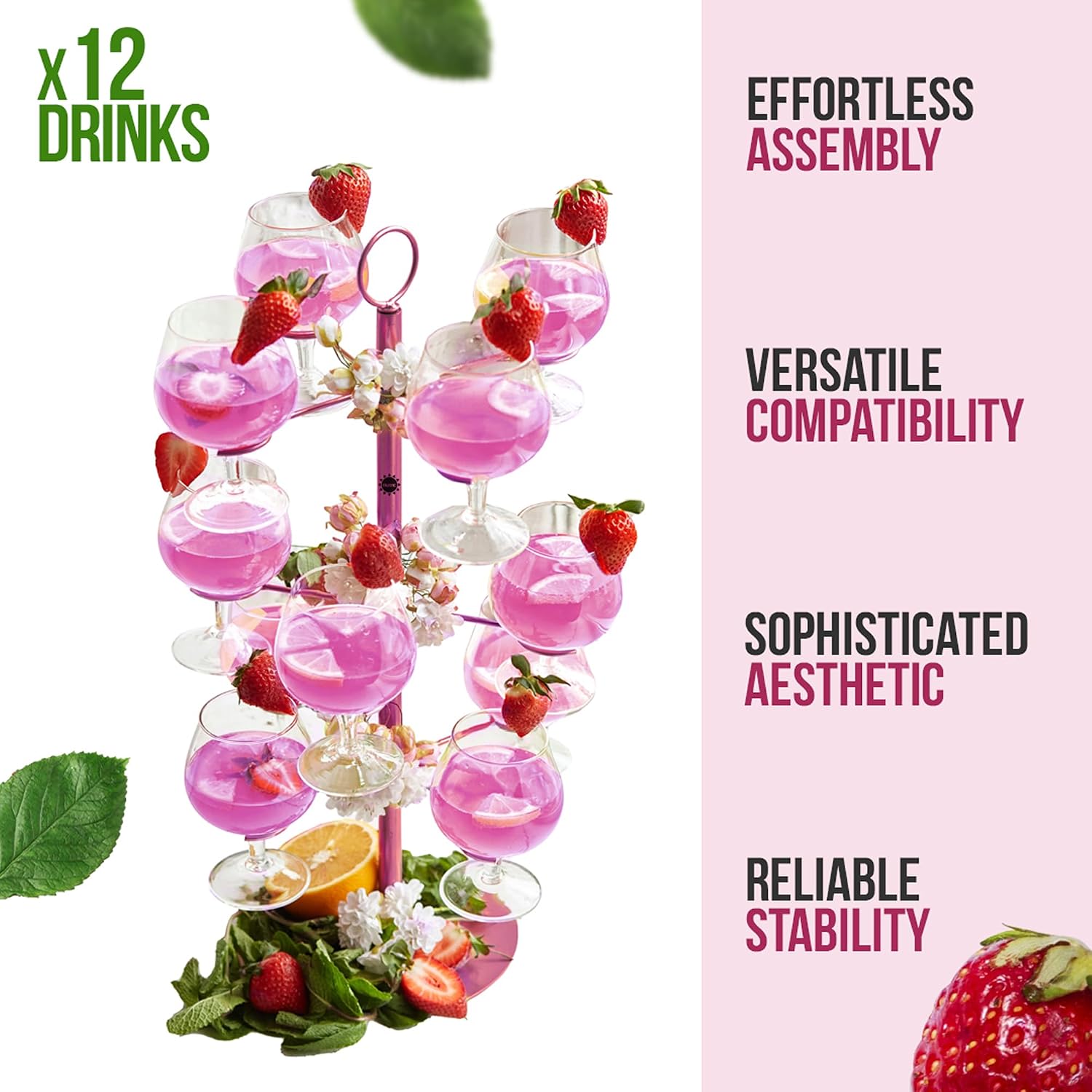 Cocktail Tree Stand, Metal Drink Champagne Tower, 3 Tier - 12 Holders For Mimosa Bar, Martini, Wine, Margarita Glass Cups (Pink)