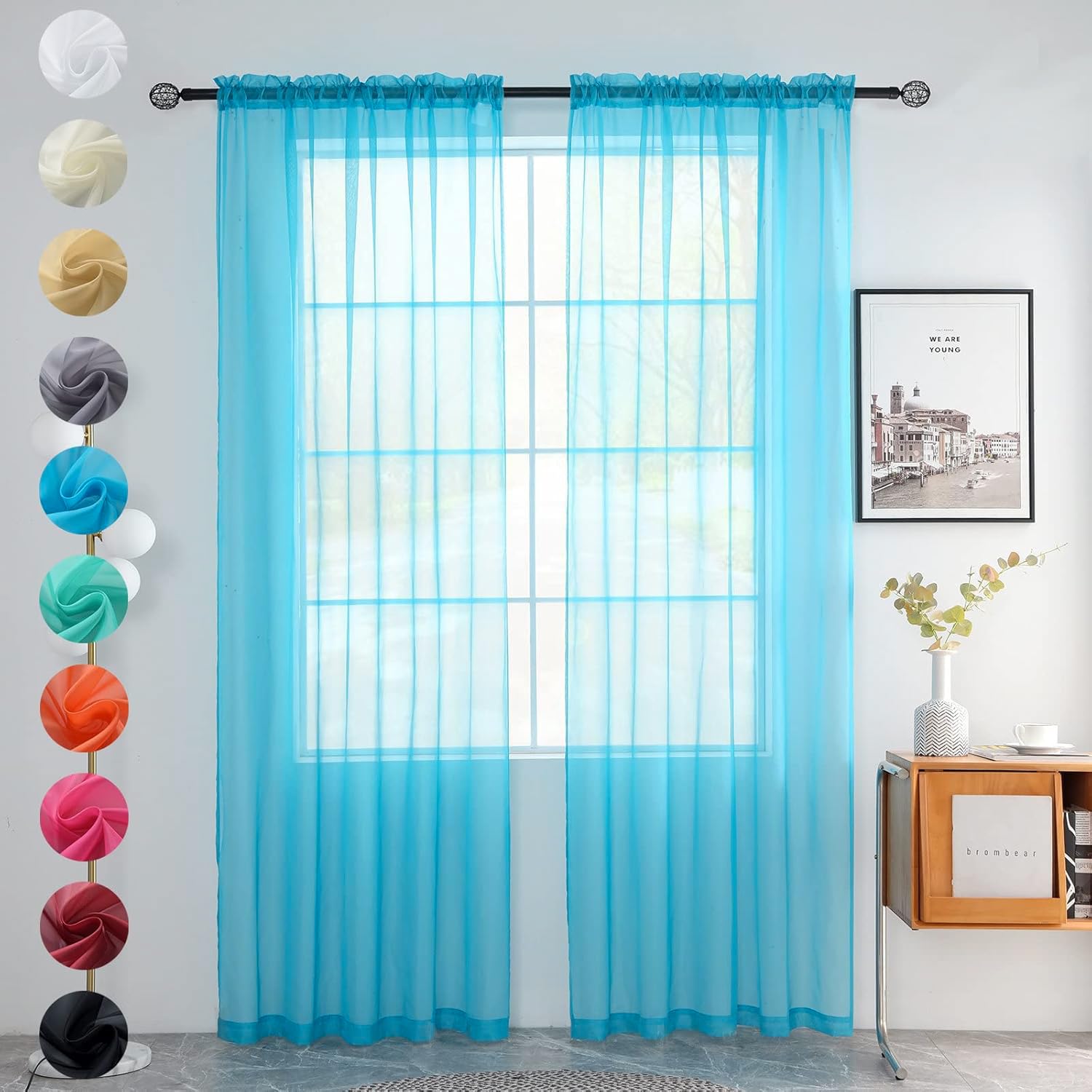 youleyar Solid Sheer Rod Pocket Curtain Voile Draperies 2 Panels White Beige Black Grey Coffee 52 Inch Width 90 Inch Long 1 Pair for Kitchen Bedroom Children Living Room Yard (Cyan Blue,52W๏ฝ90L) โ image 1