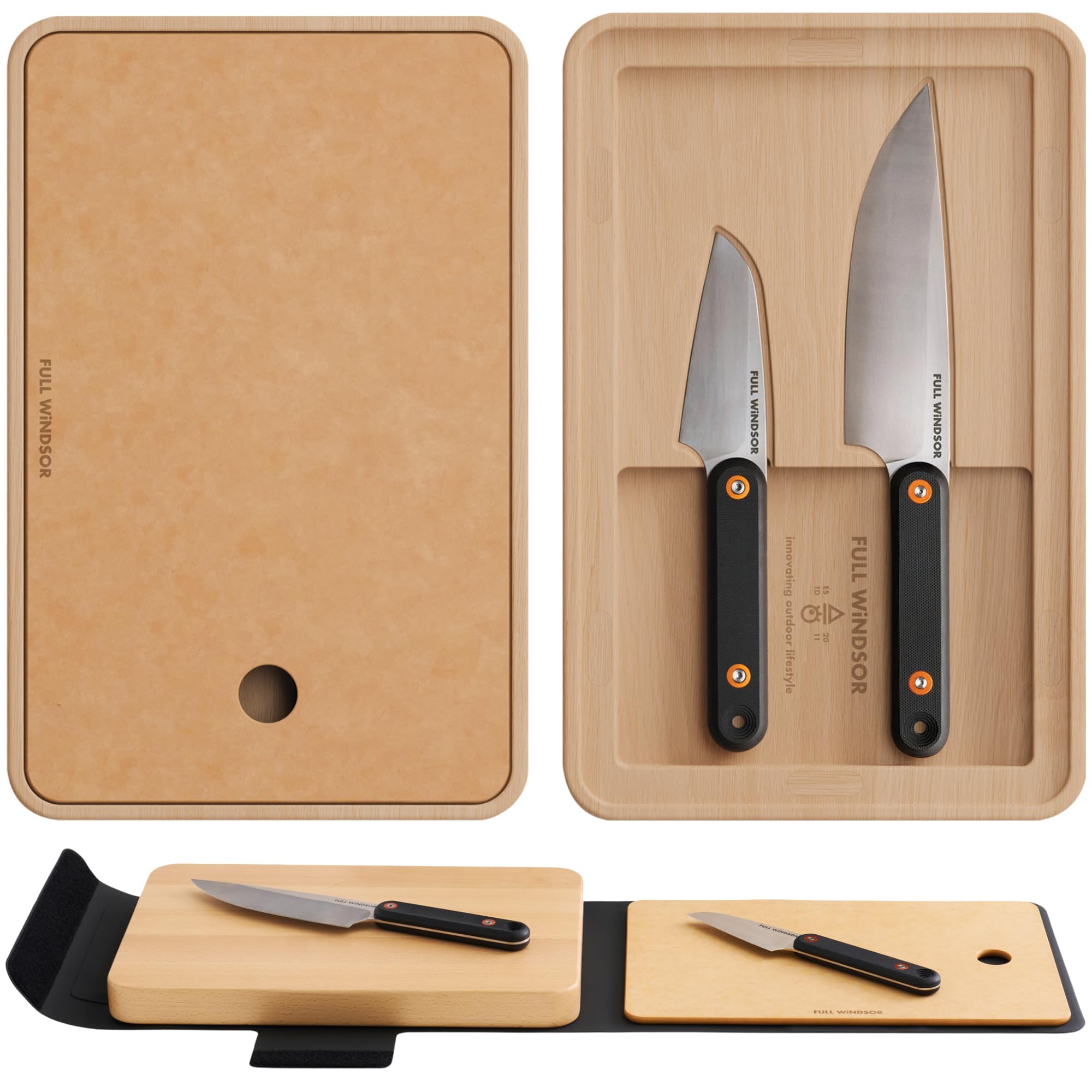 FULL WiNDSOR MagKnives Magnetic Camping Cutting Board and Knife Set | Portable Camping Kitchen Prep Kit - 2 Wood Cutting Boards, 6" Chef Knife, 3.5" Utility Knife, Carry Bag for Outdoor Cooking