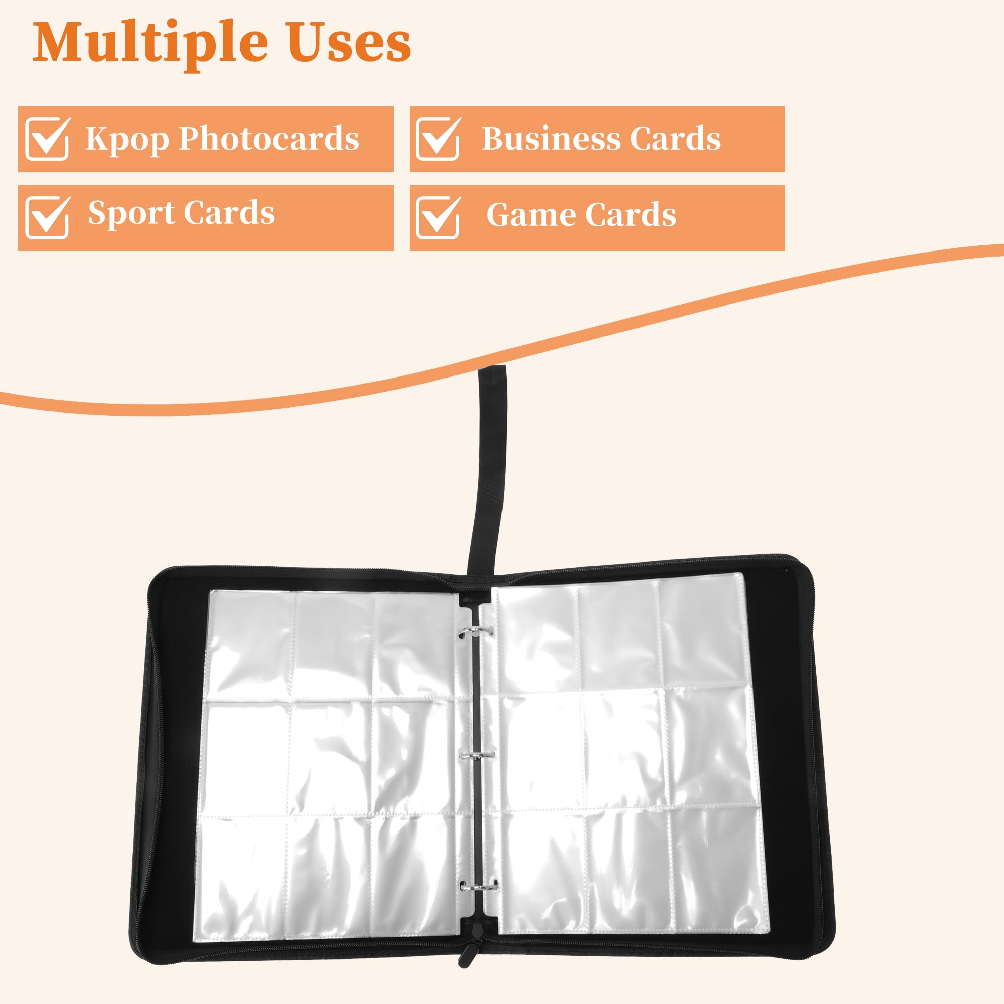 Album per Carte, 9 Tasche, 60 Pagine, Capacità di 1080 Carte, Album con Zip, Raccoglitore a Doppia Faccia, Cartella per Carte Sportive, Carte da Gioco, Nero