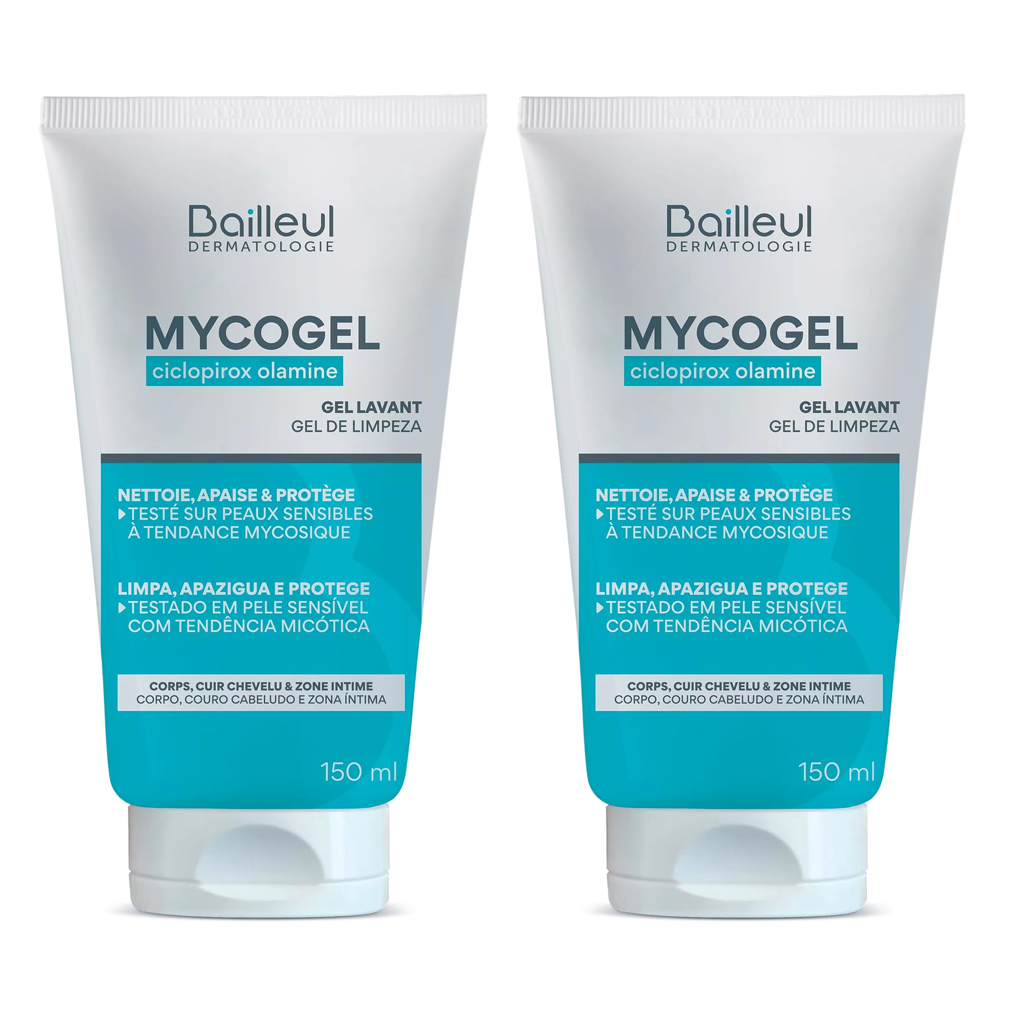 Bailleul | Mycogel | Gel lavant contre les mycoses cutanées | Nettoie, Apaise et Protège | Peaux et muqueuses génitales sensibles à tendance mycosique | Vegan | Lot de 2 x 150 ml