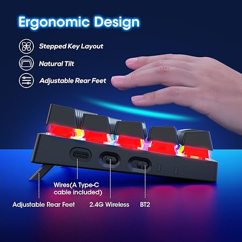 Miniatura 7 de Pauroty 60% Teclado mecánico inalámbrico, teclado de juego de triple modo 2.4GUSB-CBluetooth, retroiluminación RGB, interruptor azul clicky, teclado