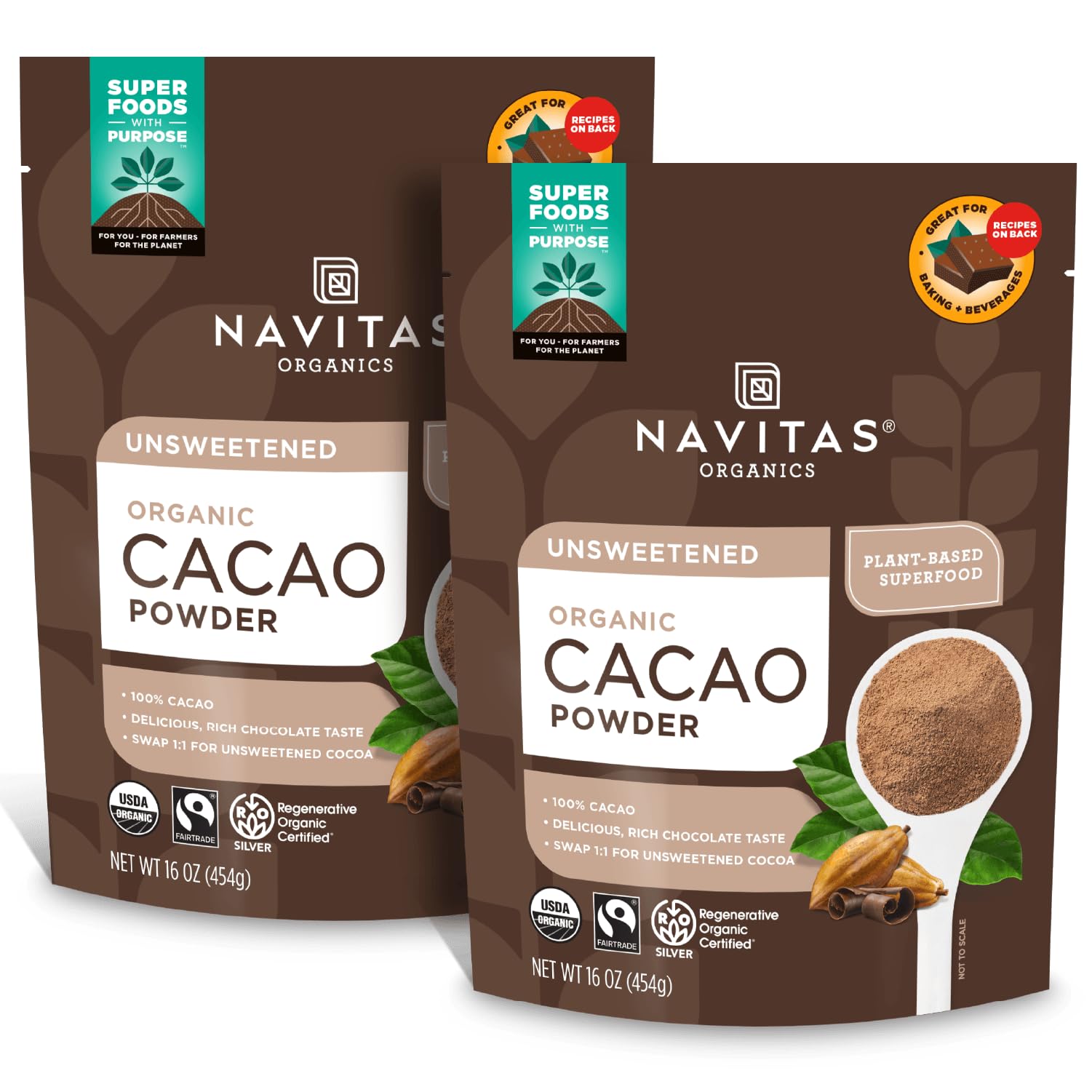Navitas Organics Cacao Powder - Cocoa Powder Substitute 1:1, For Hot Chocolate, Baking & More - Regenerative Organic Certified, Non GMO, Fairtrade, Gluten Free, Non-alkalized (16oz. Bag, Pack of 2)USDA OrganicRegenerative Organic CertifiedFairtrade InternationalRegenerative Organic CertifiedFairtrade InternationalFairtrade InternationalRegenerative Organic CertifiedFairtrade InternationalRegenerative Organic Certified