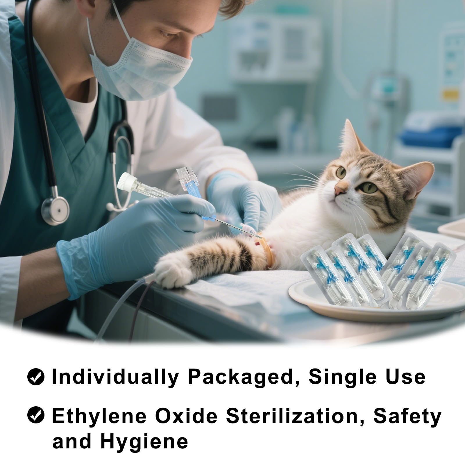 100 unidades de agujas veterinarias permanentes con tubo de extensión y pinza, catéter intravenoso veterinario, catéteres intravenosos veterinarios desechables, para animales de todos los tamaños.