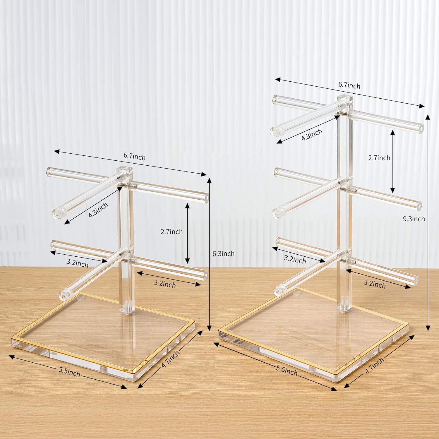 Luxury Acrylic Sunglasses Display Stand Set of 2 (2-Tier & 3-Tier), Glasses Stand, Eyewear Holder, Vertical Sunglass Racks, Tiered Eyeglasses Organizer Collection for Closet Retail Boutique Counter