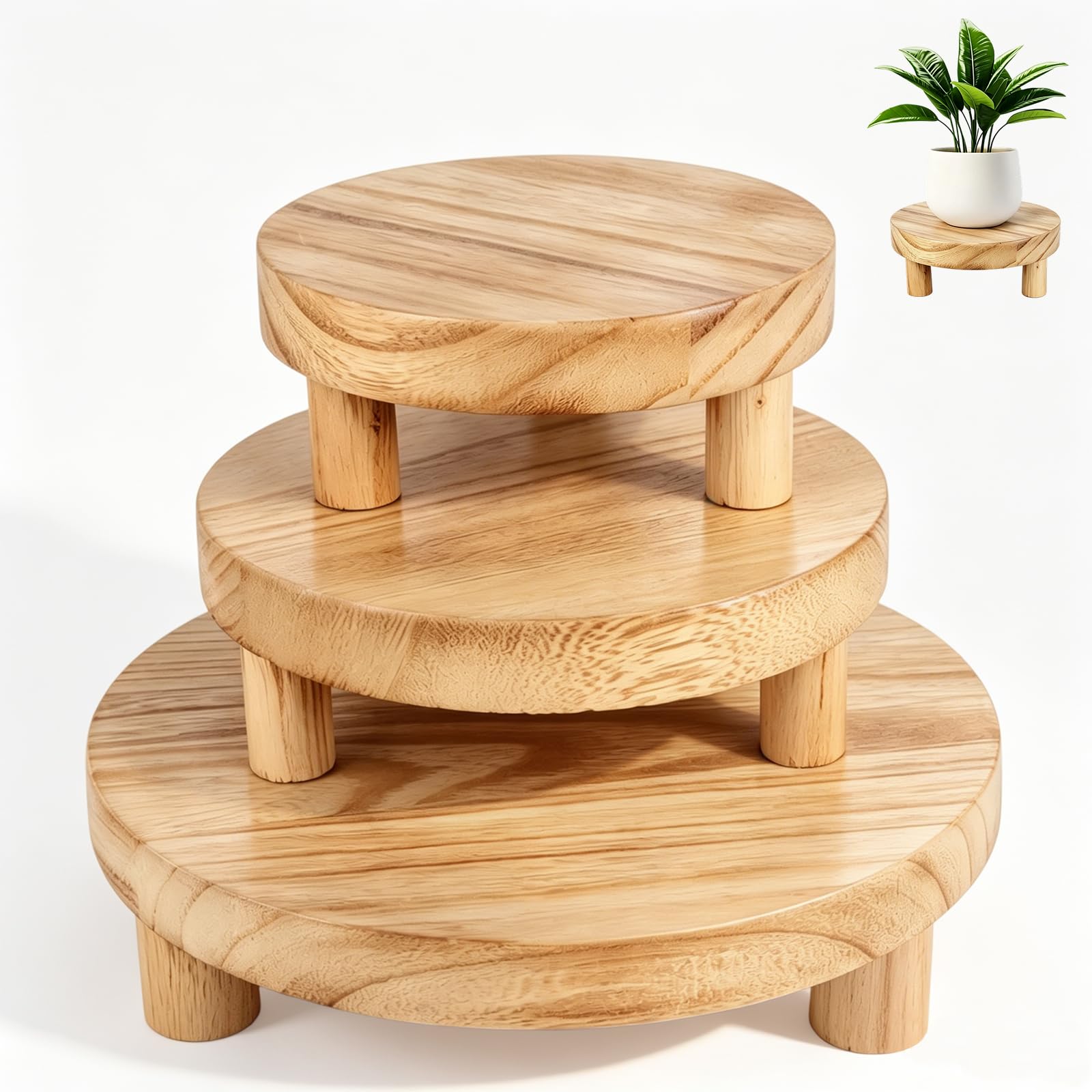 NCOALE 3Pcs Wooden Plant Stand, Round Indoor Plant Stool Farmhouse