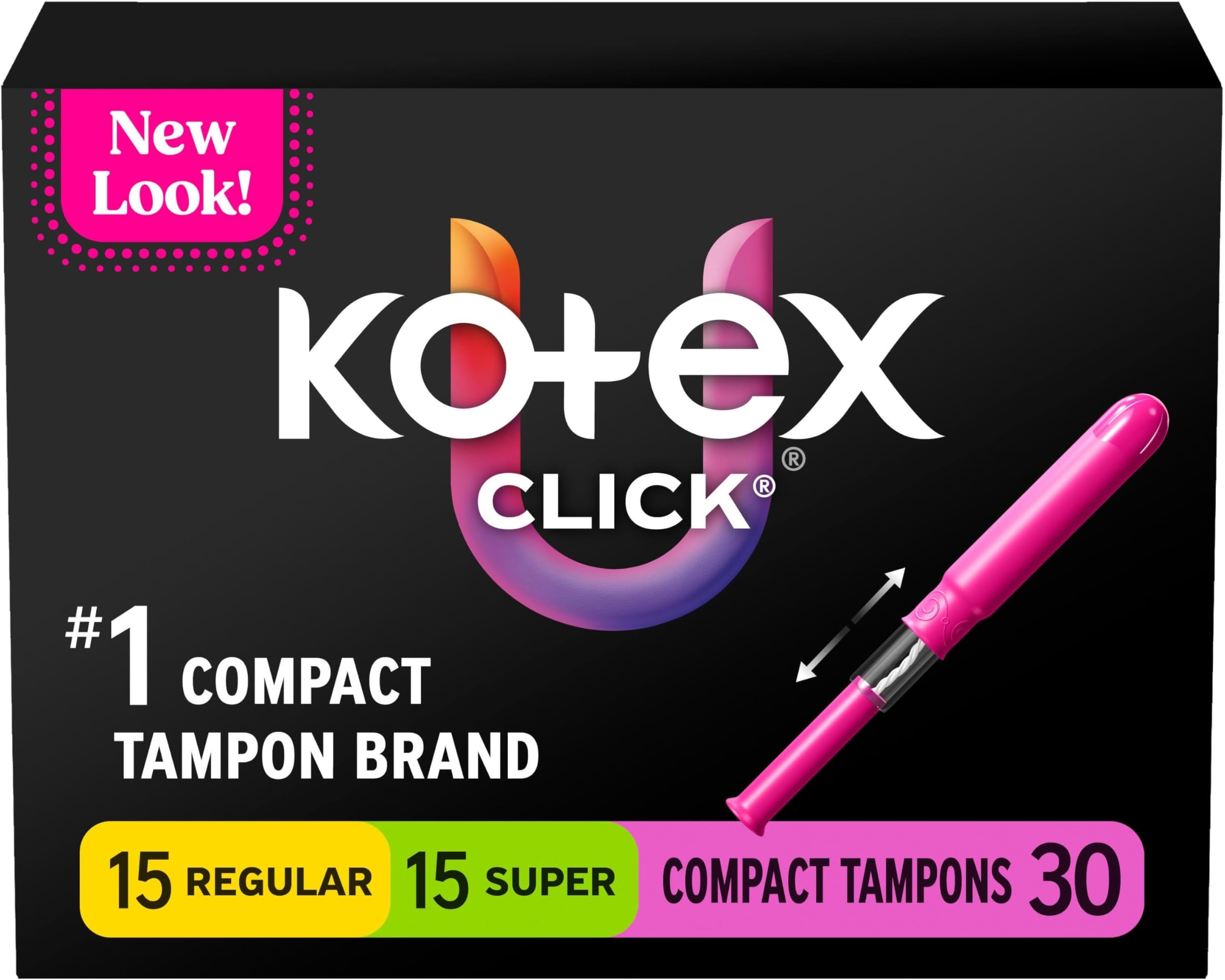 U by Kotex Click Compact Tampons, Multipack, Regular/Super, Unscented, 180 Count (6 Packs of 30) (Packaging May Vary)