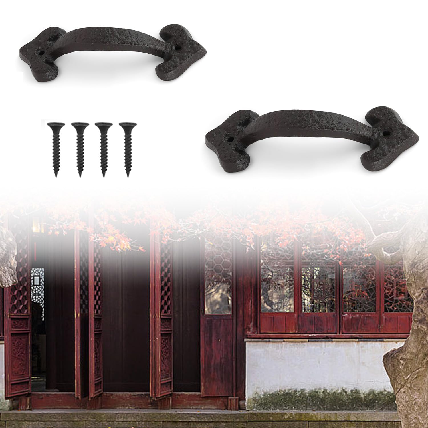 0Xbit Dark Brown 2 Piece Cast Iron Barn Door Handle With Mounting Screws, Retro Exterior Door Handle, Comfortable Grip For Shed, Garages, Closets