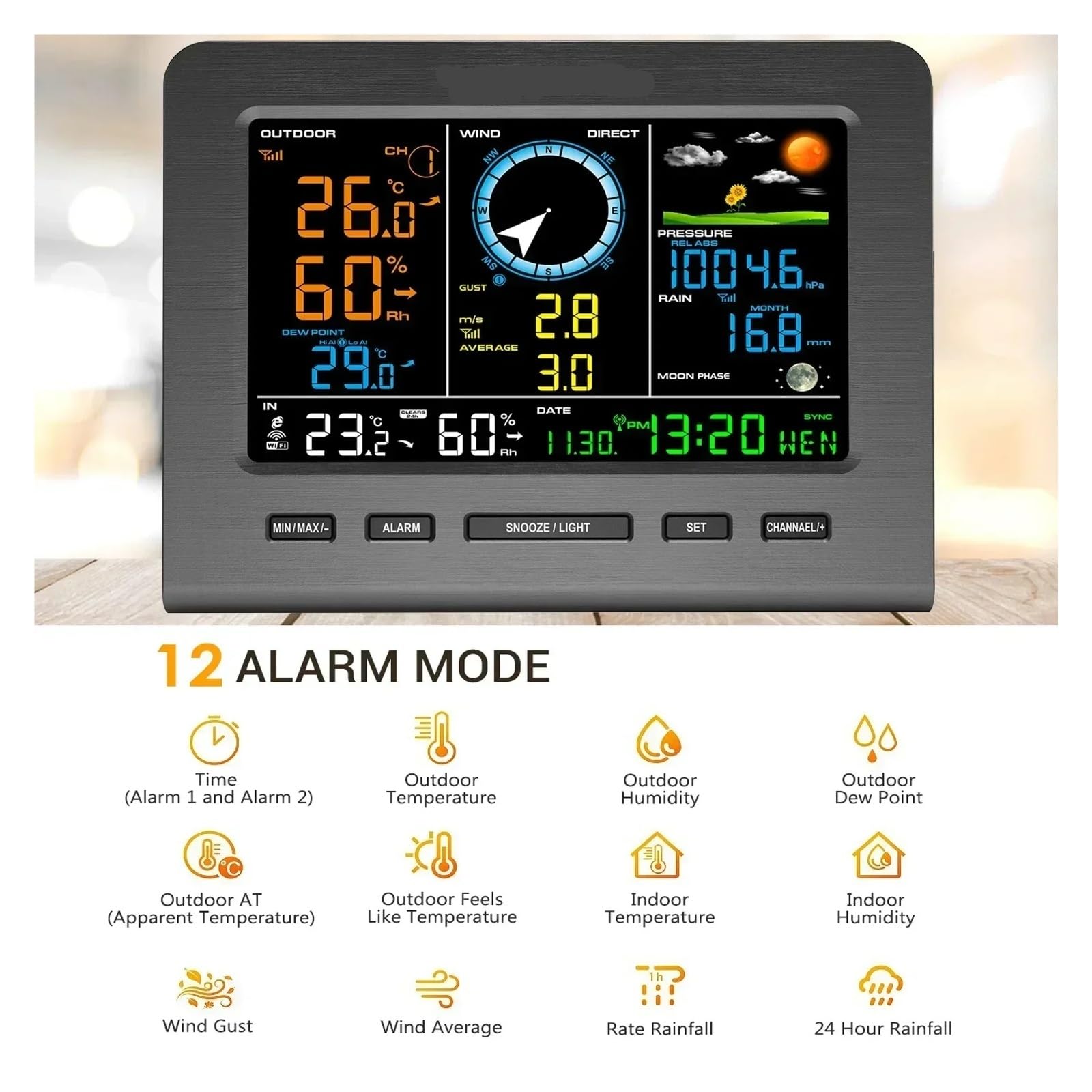 Reloj de estación meteorológica LCD, anemómetro inalámbrico, sensor viento doble montaje, dirección velocidad del, higrómetro temperatura fría for el hogar