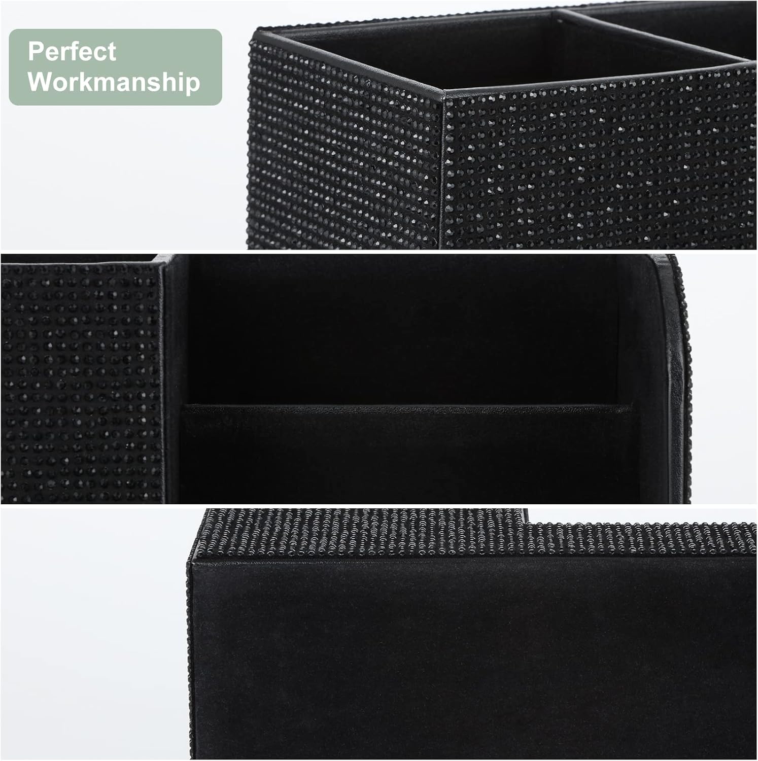Desk Pen Pencil Holder Bling Pasted Rhinestones Paper Stationery Storage Box, Multi-functional Organizer for Pen,Pencil,Cell phone,Business Name Cards,Eye Glasses,Remote Control Holder (Black)
