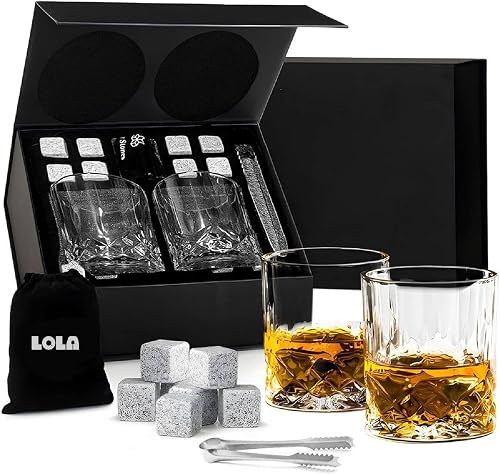 Lola Whiskey Glass Gift Set with 2 Crystal Tumblers, 8 Reusable Whiskey Stones & Accessories – Perfect for Birthday, Father's Day, Wedding or for Men, Dad & Husband