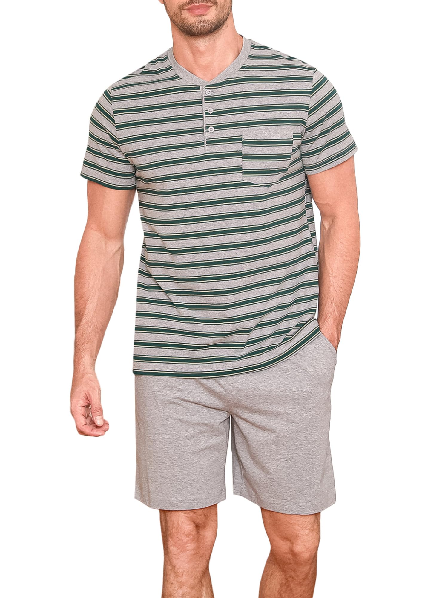 Winovia Herren Schlafanzug Kurz Baumwolle Pyjama Set Kurzarm Nightwear Set mit Knopfleiste und Streifen-Design