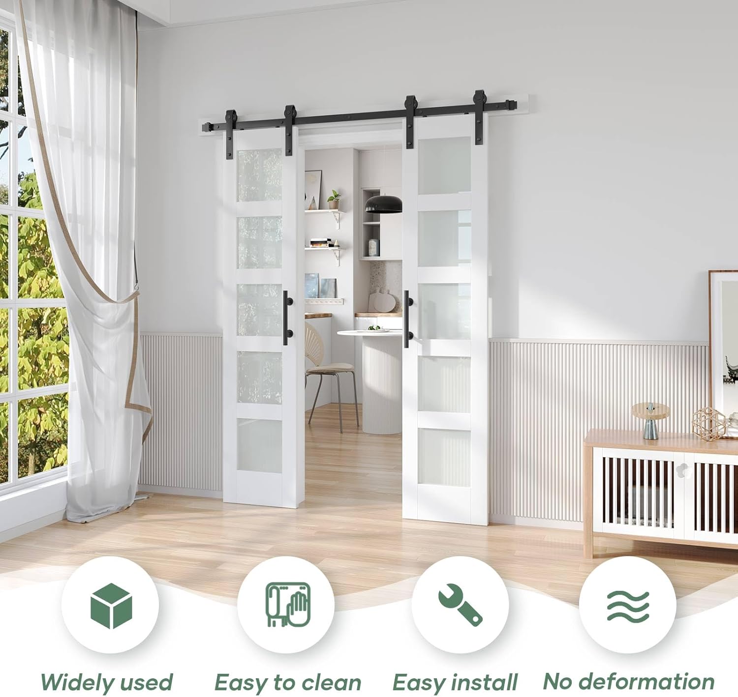 fredbeck double 18 x 84 inch white glass barn doors 36inch with 6.6ft hardware kit & handle included,5-panel frosted glass,water-proof pvc surface,pre-drilled holes,need assembly white 18x84 double doors with hardware