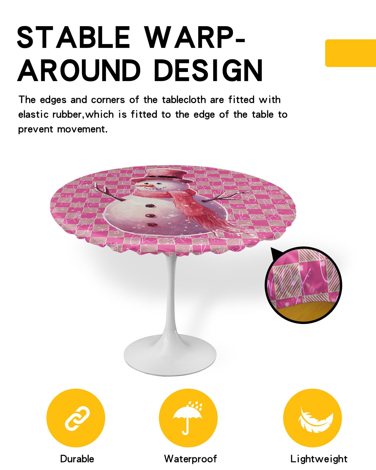 Elastic Edged Outdoor Round Tablecloth Merry Christmas Snowman Pink Fitted Table Cover for Holiday Decoration Oil-Proof Waterproof Table Cloth Indoor/Outdoor Fits Tables up to 36