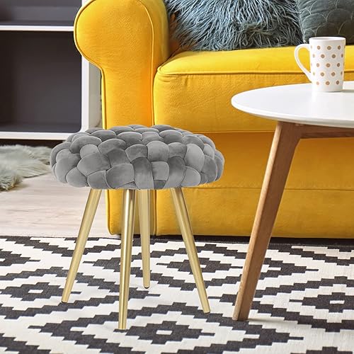 Miniatura 7 de Joveco Taburete de terciopelo para tocadores, dormitorio, sala de estar, taburete otomano redondo tapizado tejido, moderno, otomano, banco de