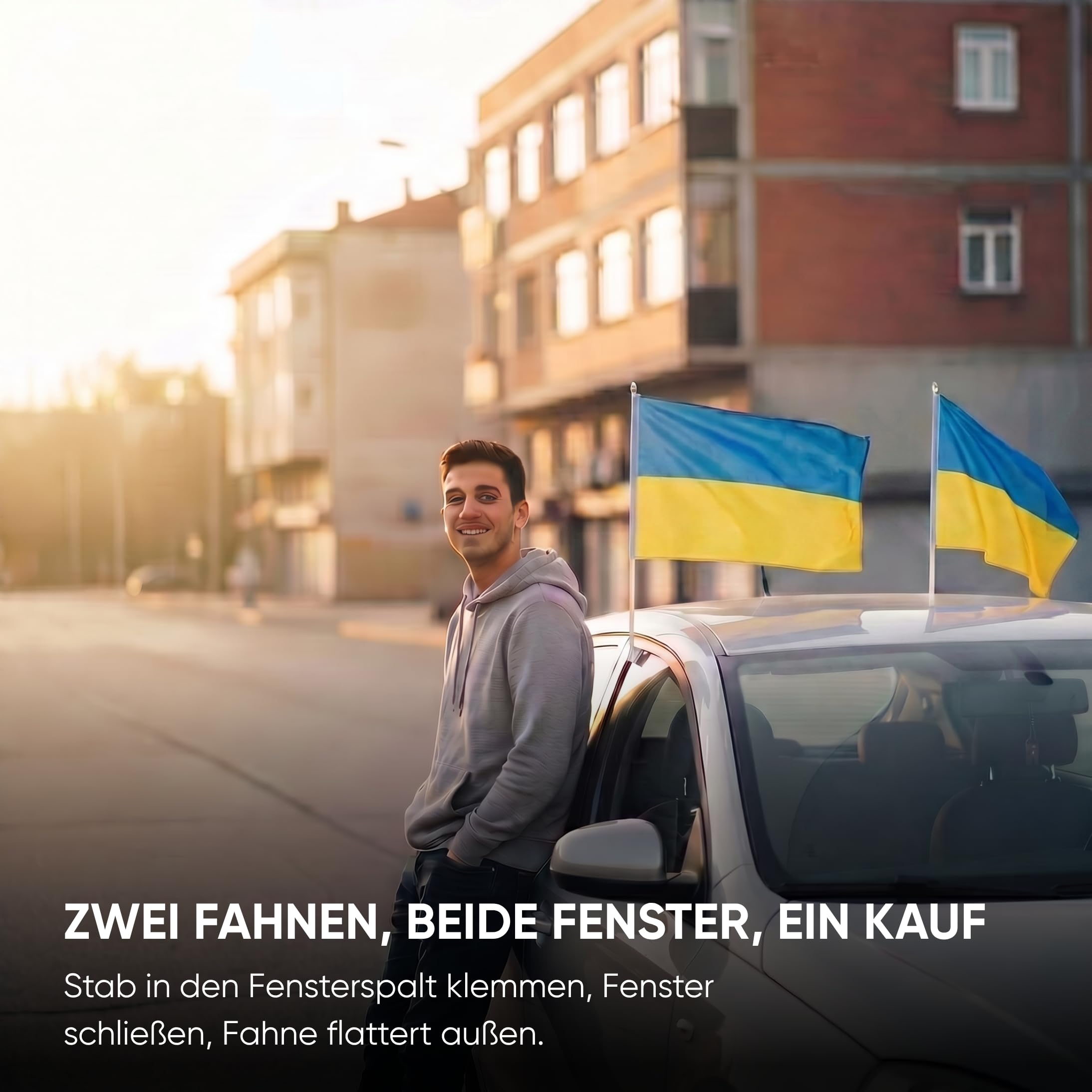 Auto Fahnen Ukraine Komplett Set - Motorhaubenfahne, 2 Autofahnen Fenster & 2 Außenspiegelfahnen, Fußball Fanartikel FZG für EM & WM, Ukrainische Flagge Fahrzeug Deko