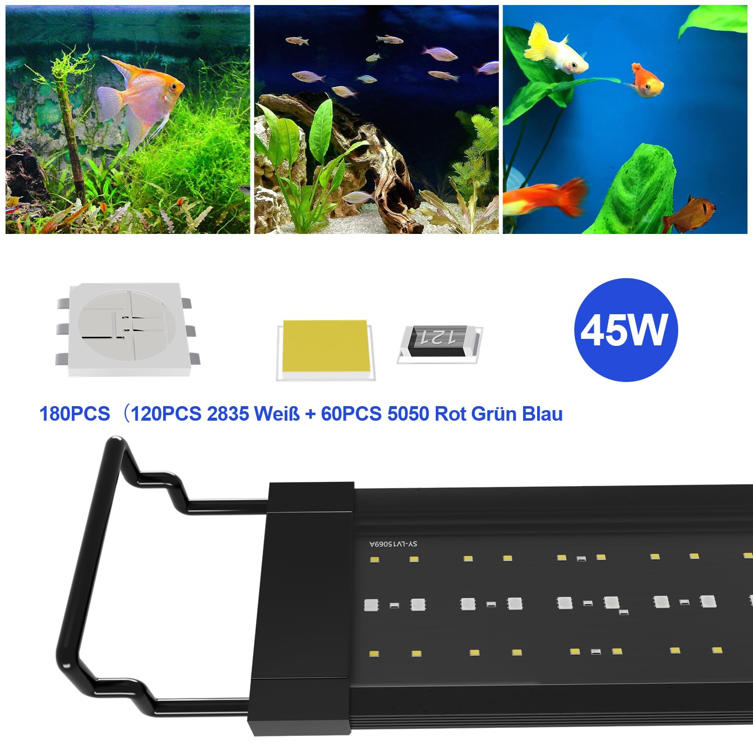 éclairage LED pour aquarium 45W, éclairage d'aquarium en mode 24/7, 5 modes DIY, luminosité réglable, gradation en 10 étapes, pour aquariums d'eau douce de 120-150 cm