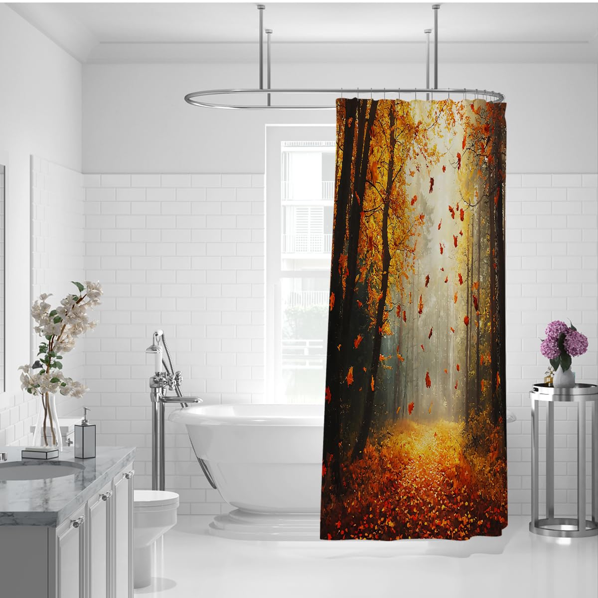 Herbstwaldpfad Duschvorhang Goldene Blätter fallender Badevorhang wasserdichte Polyester-Badewannenvorhänge zur Badezimmerdekoration 180 x 200 cm