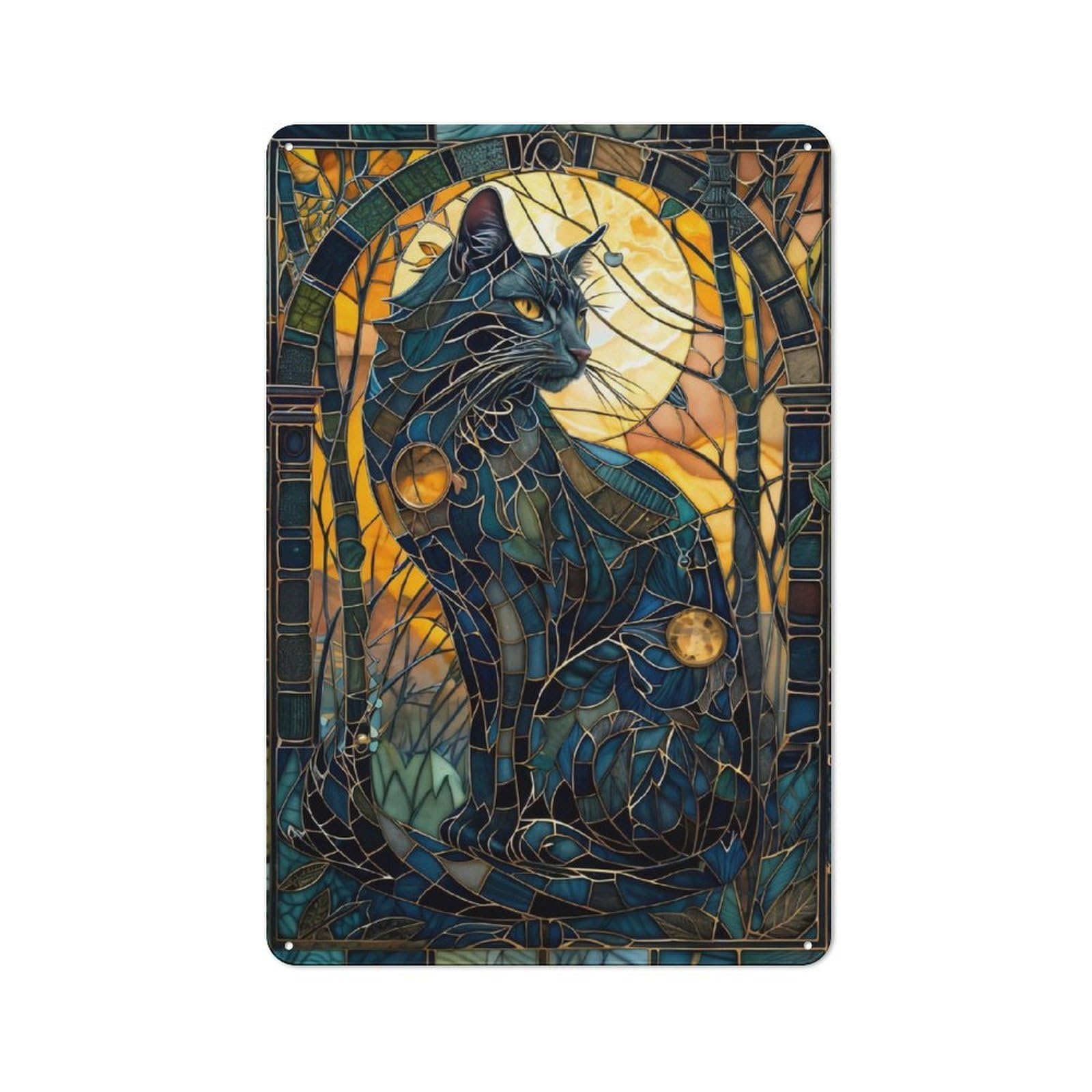 Junmoney Stained Glass Cat Rustic Metal Wall Sign 30X20cm For Café Or Restaurant, Gift Idea At Christmas For Café Owners And Decorators