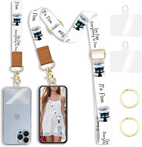 Cordón cruzado para teléfono con correa para la muñeca, cordones negros para teléfono celular alrededor del cuello, correa ajustable, divertido y