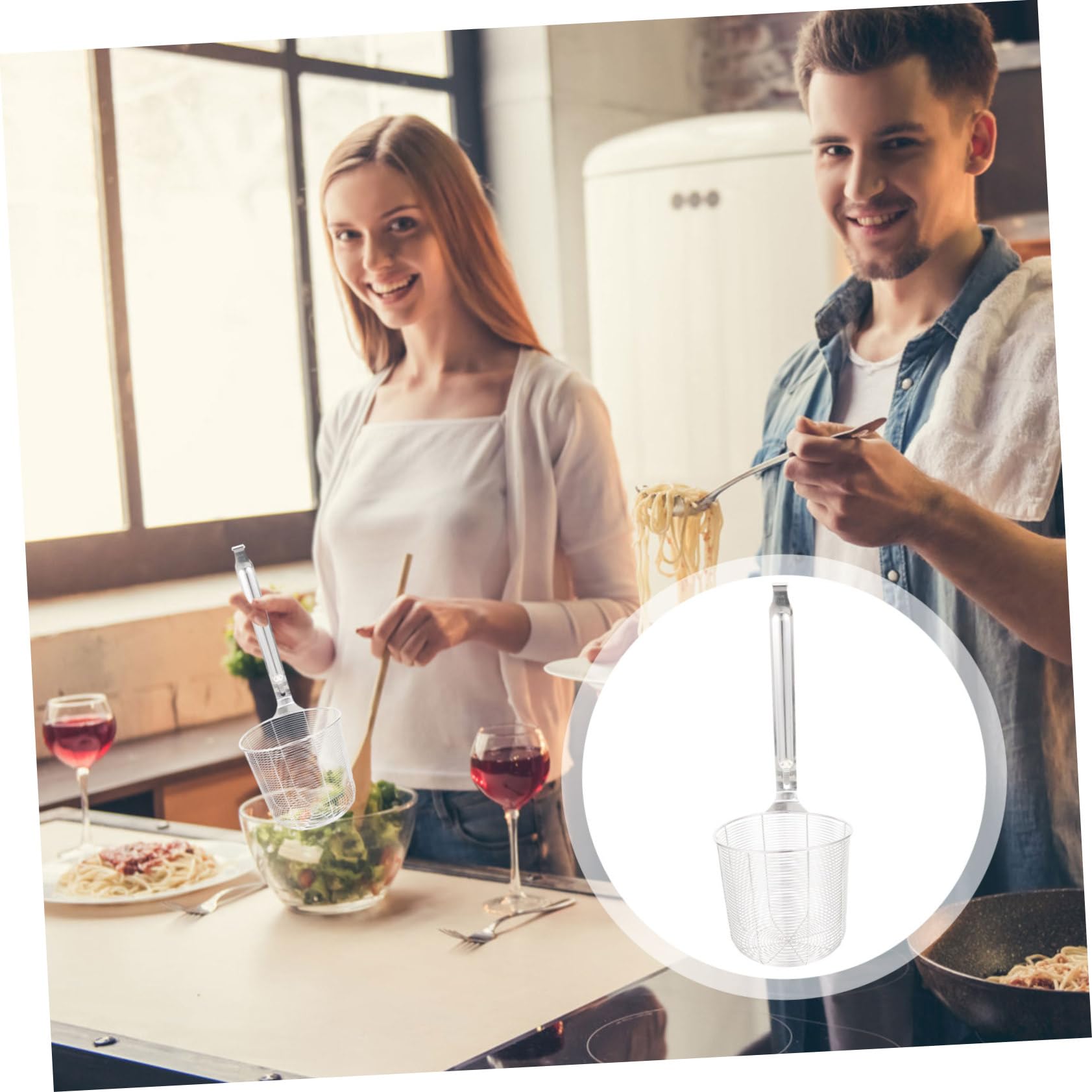 Colador de Acero Inoxidable Resistente Corrosión, Malla Fina para Freír y Escurrir Verduras, Utensilio de Cocina Duradero con Mango Largo para Uso Diario
