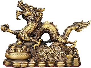 風水ドラゴン像彫刻、金色の十二支ドラゴンの置物、マネーベース付き、ホームオフィスの装飾卓上装飾品、幸運の贈り物