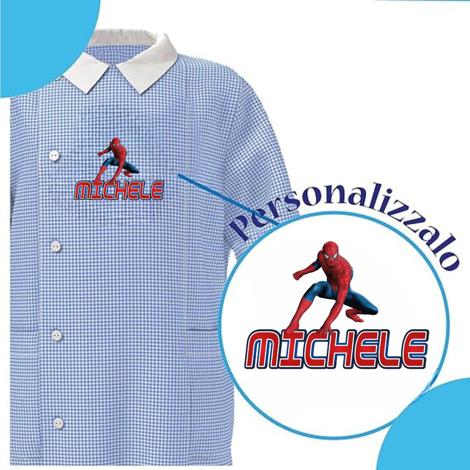 D&Vlab Grembiule Scuola Materna Asilo Infanzia Bimbo Bambino a quadretti Azzurri con Bottoni Personalizzato con nome Personaggio Uomo Spider, Made in Italy, 3 4 5 6 7 Anni