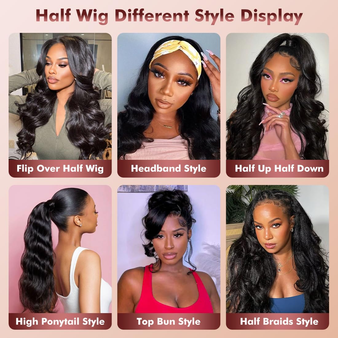 Body Wave Half Wig Human Hair 180% Density 3 In 1 Seamless Flip over Glueless Half Wigs with Drawstring Wear and Go Wig Human Hair for Women Beginner Friendly Natural Black (Natural Color, 16 inch)