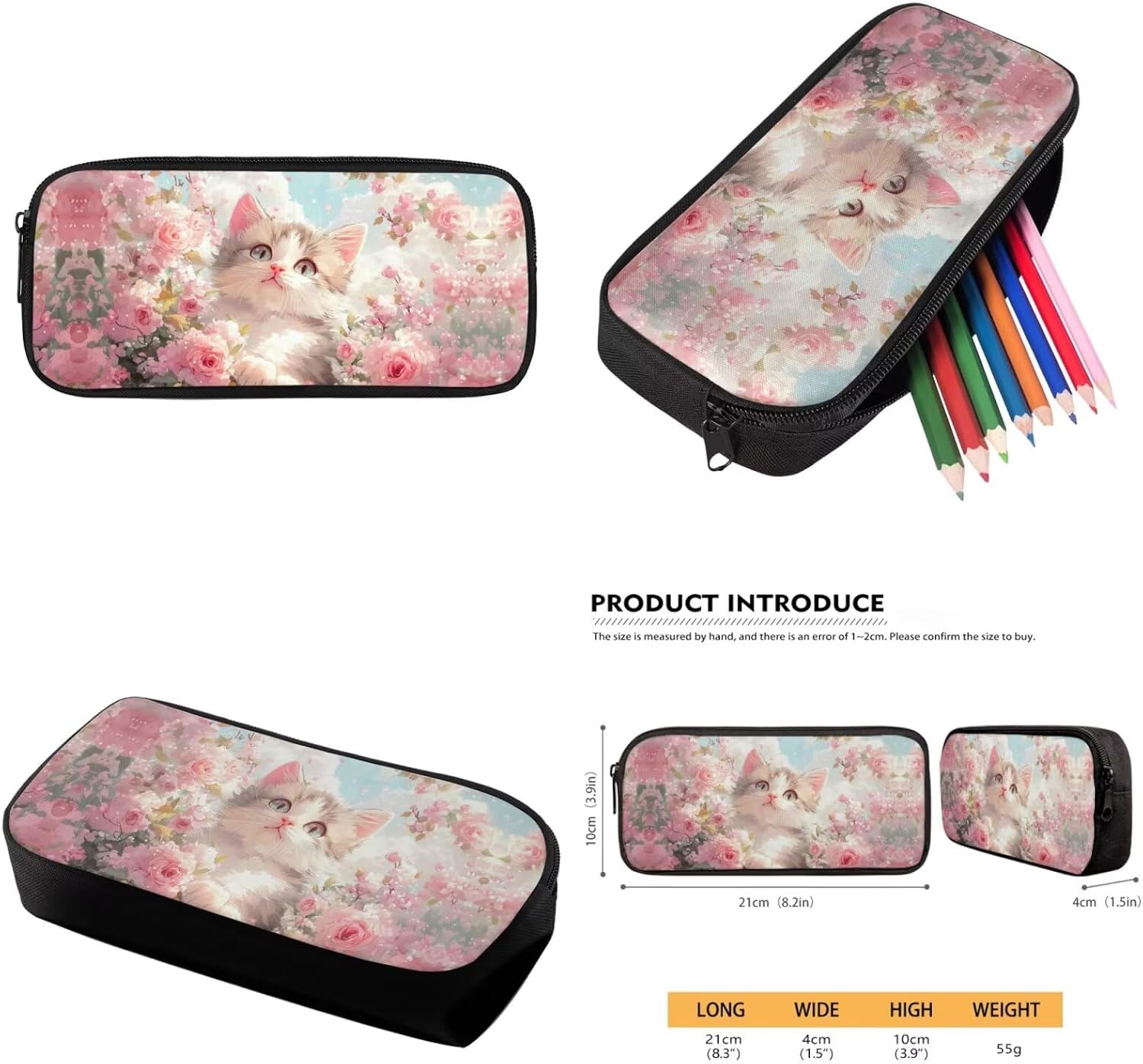 Cat Backpack Lunchbox Set for Girls 4-6/6-8/8-10 Pink Flower Kids Bookbags for 2nd Grade Elementary School Back Pack 4 in 1 Middle Book Bags Lunch Bag Pencil Case Water Bottle Carrier