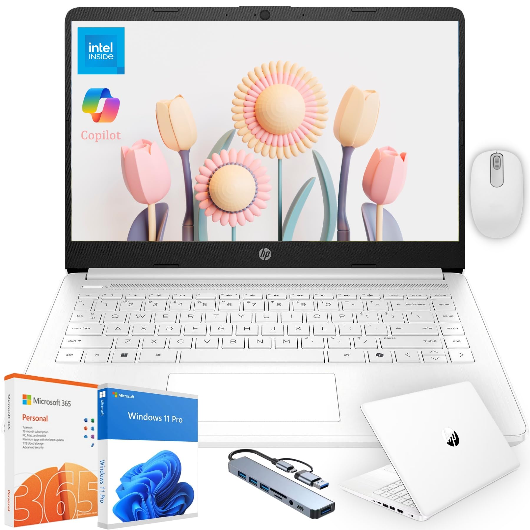 HP 14 Ultrabook Windows 11Pro Laptop Computer, Intel Celeron N4500, 16GB RAM 512GB SSD, Hub+Mouse Bundle, 1-Year Office 365 & Copilot AI, Wi-Fi 6,