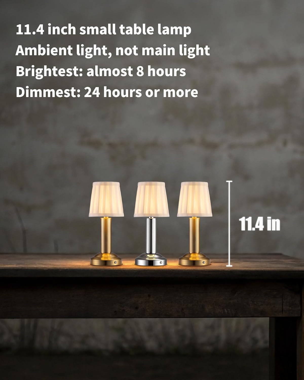 Mini Cordless Table Lamp 2 Pack - 11.4" Stepless Dimmable Touch Lamp with Fabric Shade, Small LED Lamps, 4000mAh Rechargeable Battery Operated Lamps for Dinning Room, Bedroom, Bar (Gold)