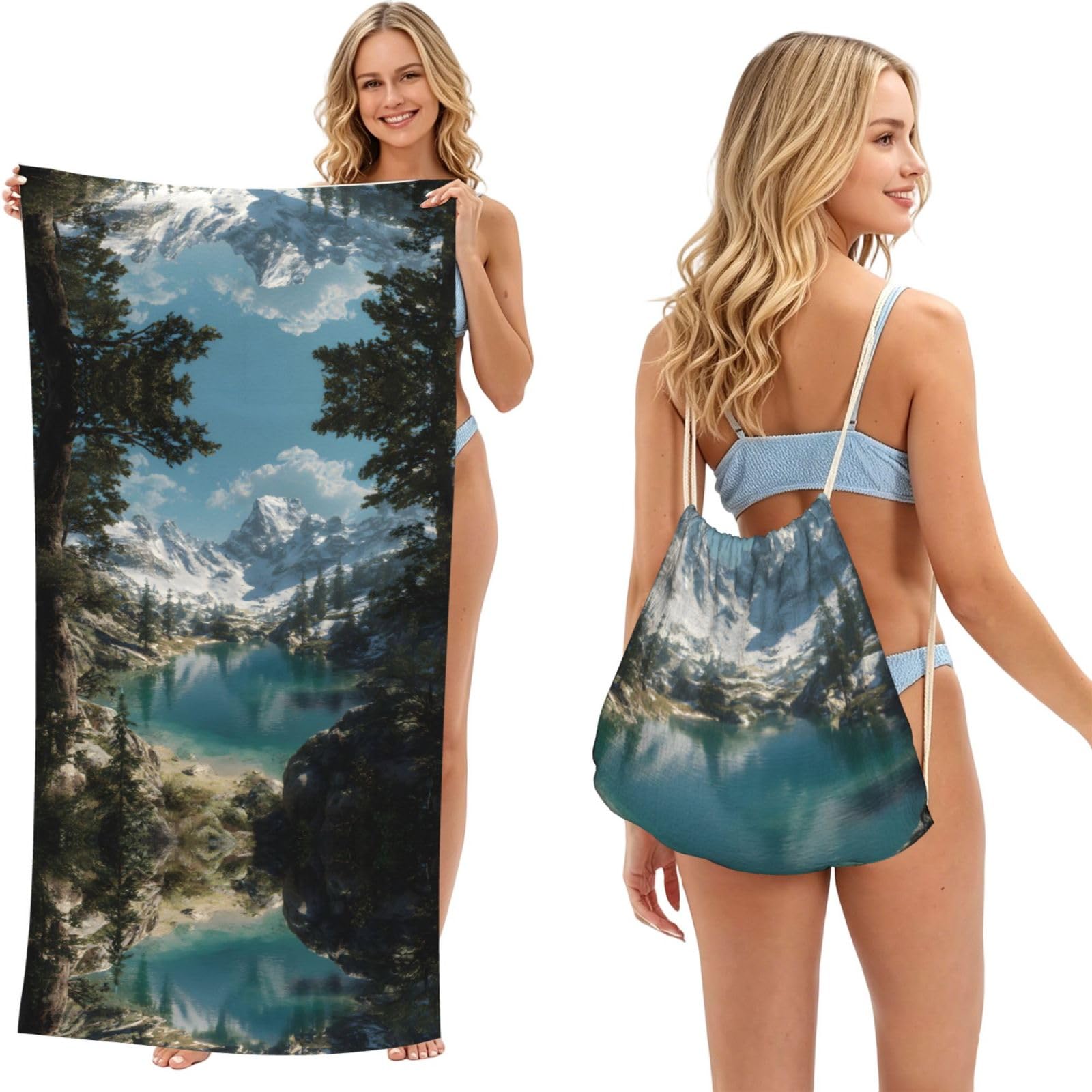 ESNAIUVCD Lake And Snow Mountain Print Beach Towel For Adults,Towel With Drawstring Bag, Travel Pool Swimming Sports Shower Sand Free Quick Dry Bath Towel For Pool, Beach, Yoga- 180x60cm
