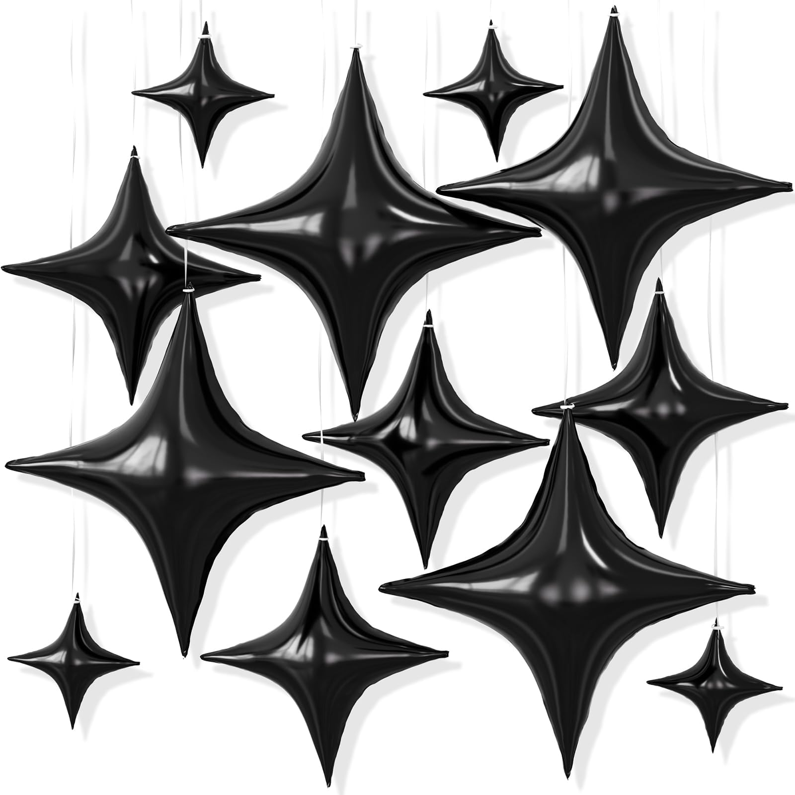 12PCS Black Star Balloons, 26/18/10 Inch Star Foil Balloons, Metallic Black Four Pointed Stars Balloon Magic for Graduation Birthday Halloween Retirement Anniversary Space Theme Party Decorations โ image 1