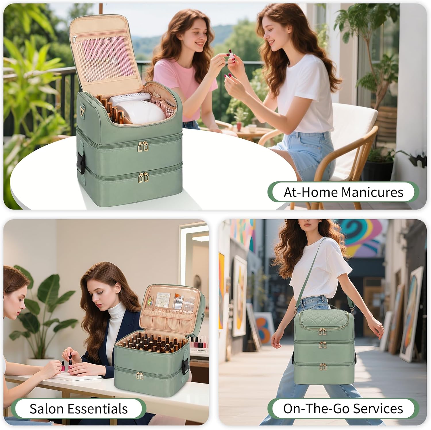 Extra Large Nail Polish Organizer - Three Layer Nail Organizers And Storage Bag, Portable Nail Supplies Organizer Case, Nail Tech Kit Travel Carrying Box with Shoulder Strap (Green, 86 Slots)
