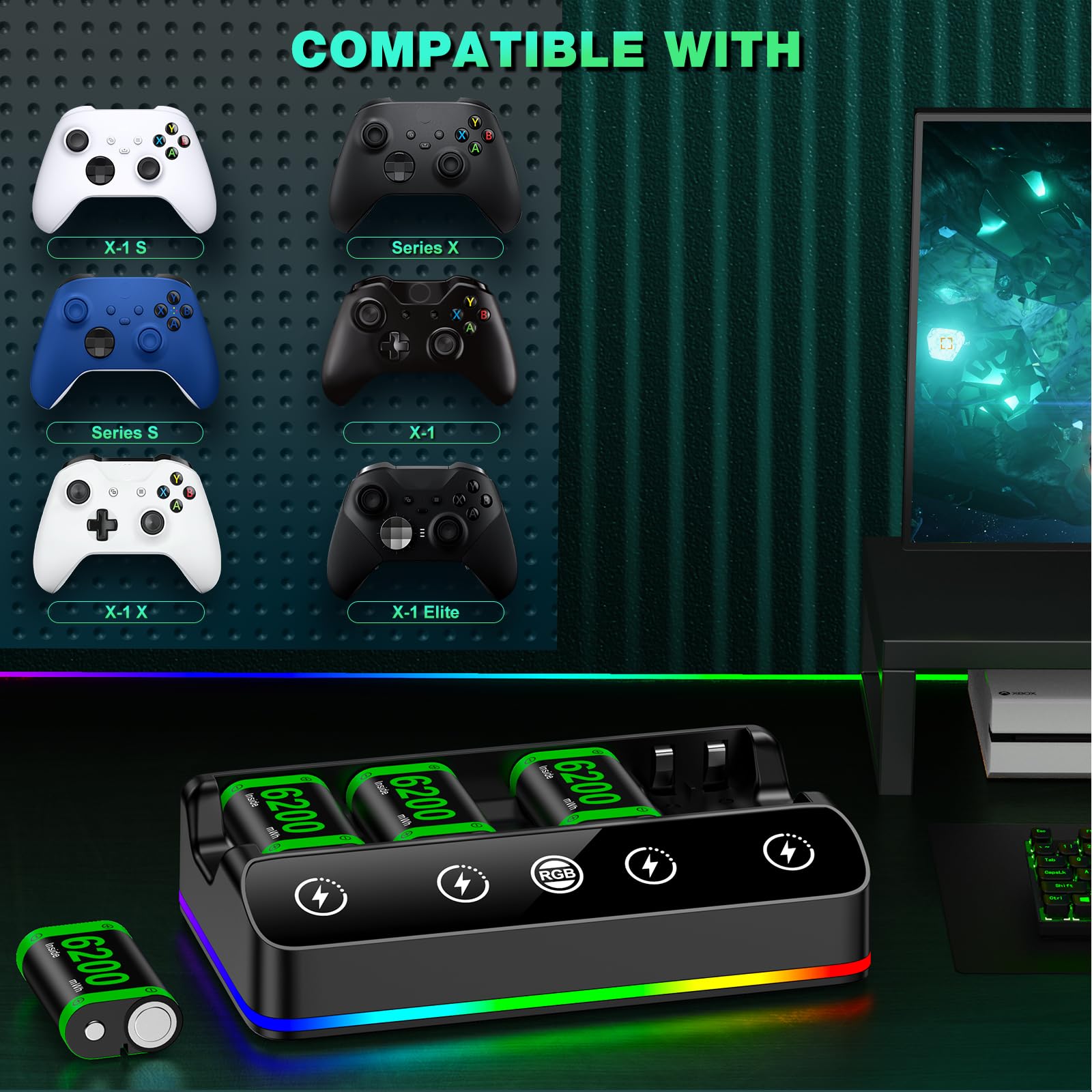 DINOSTRIKE 4X 6200mWh Battery Pack Compatible with Xbox One/Series S/X Controller Charging Station【Extended USB C Cable】 Rechargeable Battery Pack for Xbox - Xbox One - Very Good - Used Controller - Image 7