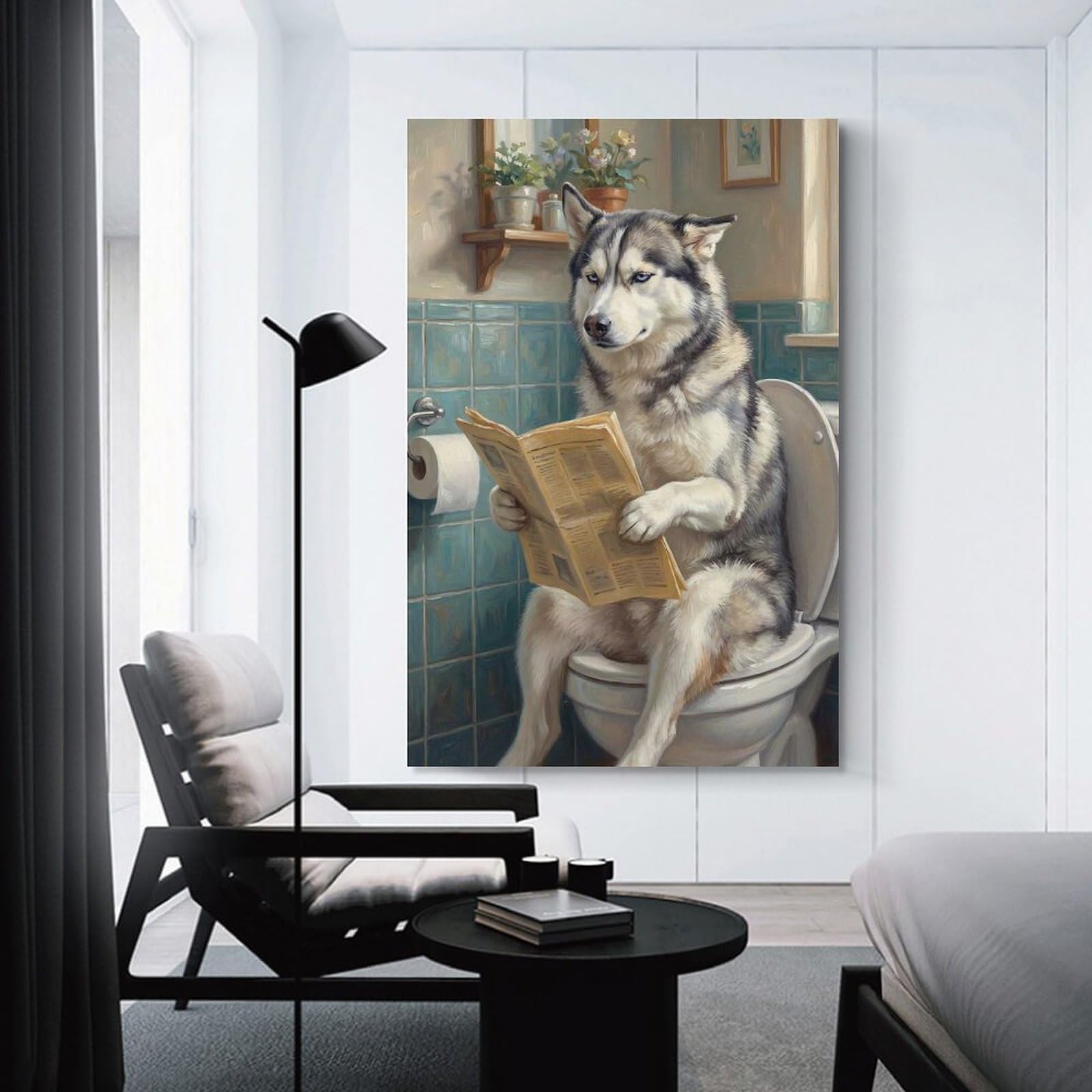 Junmoney Unframe-Style-22 Hanging Wall Art Husky Dog Reading Newspaper On Toilet, 16X24inch(40X60cm), For Gallery Wall Layouts In Home Or Office, An Easy Match For Collected Prints