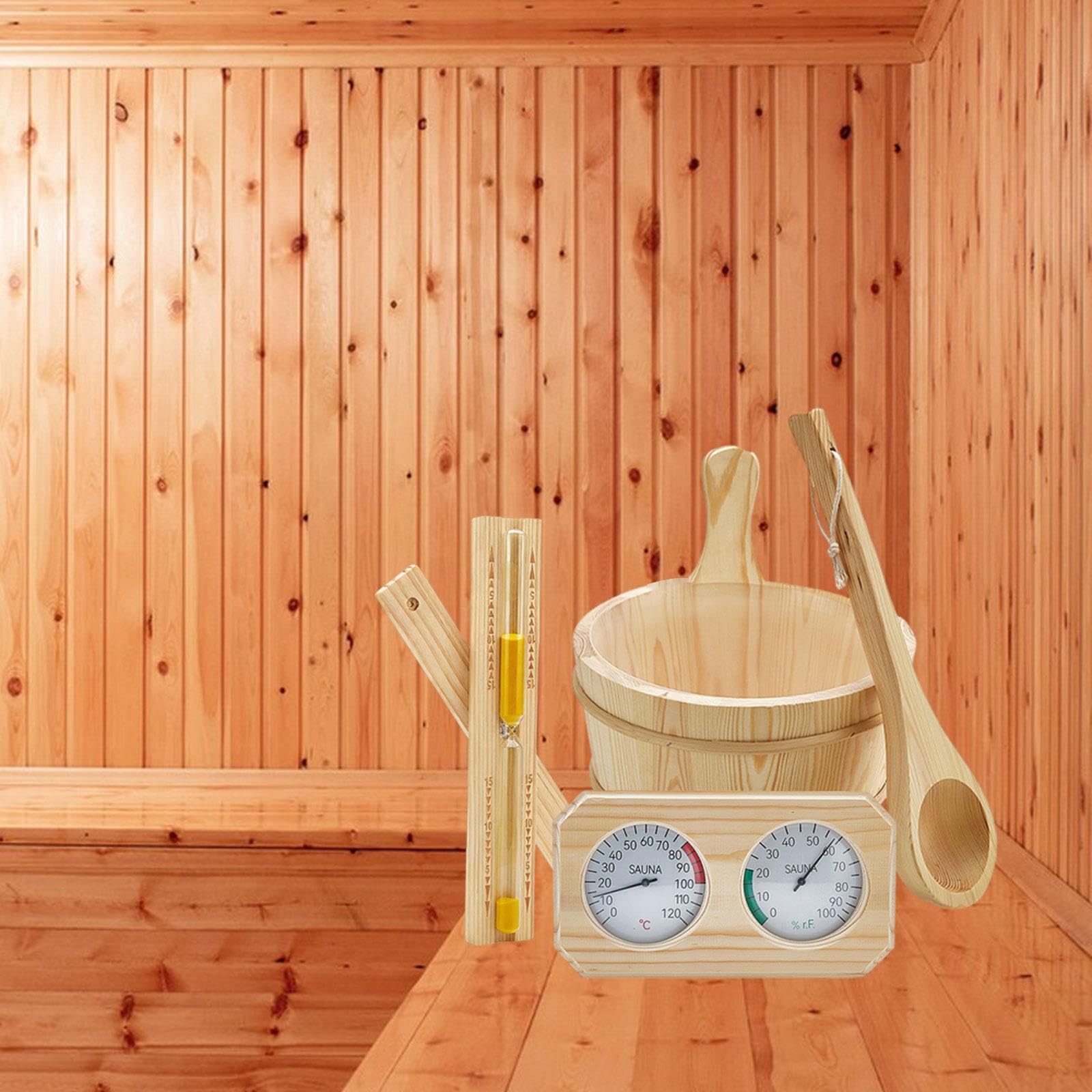 MagiDeal Kit Accessoires Sauna, Seau 4 L avec Poignée, Thermomètre Hygromètre, Louche, Sablier, Bois de Pin
