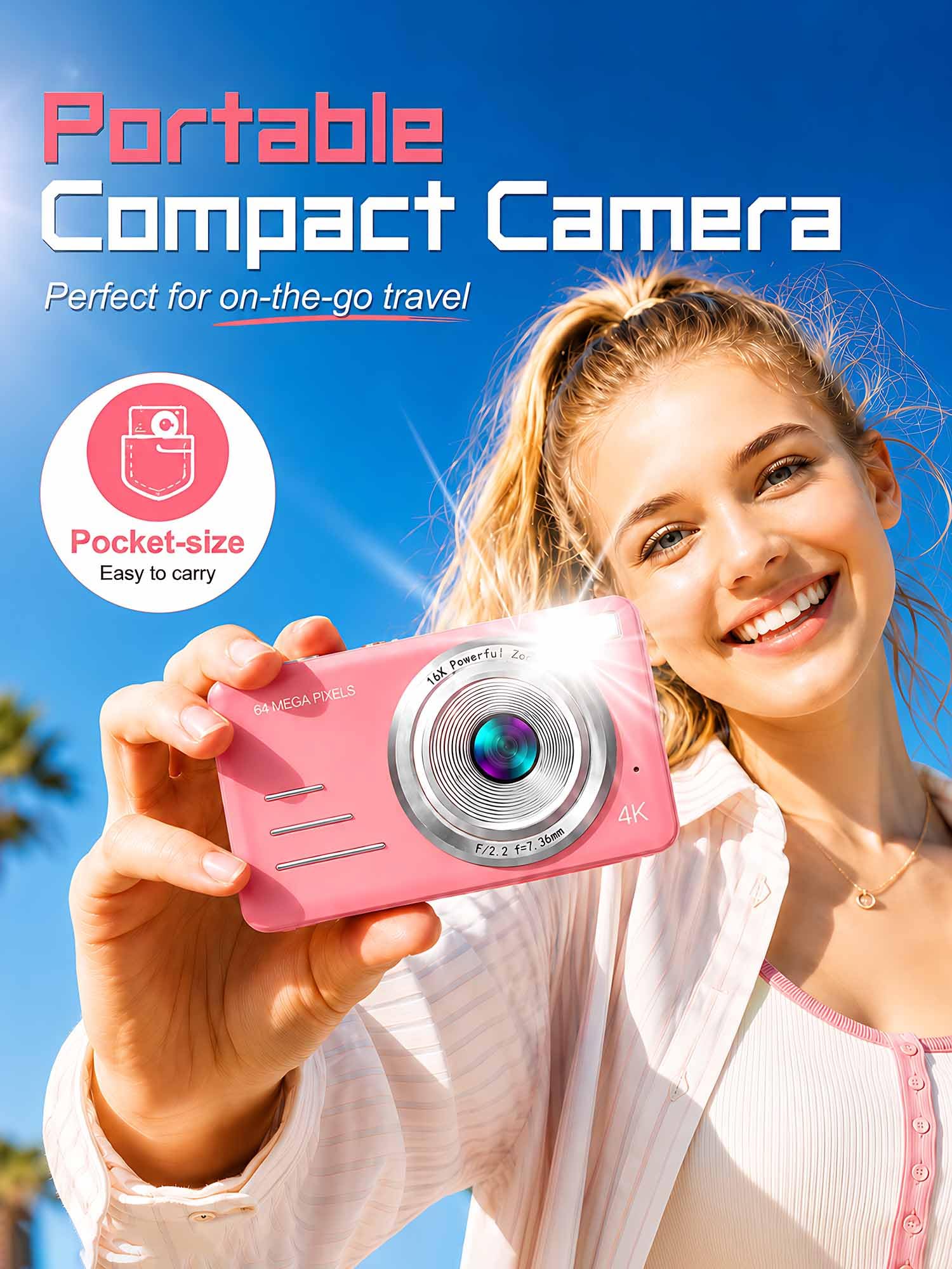 Fotocamera digitale 4K da 64 MP, fotocamera compatta rosa con zoom digitale 18x, schermo LCD da 2,8", scheda microSD integrata da 64 GB e batteria ricaricabile da 1500 mAh, fotocamera per