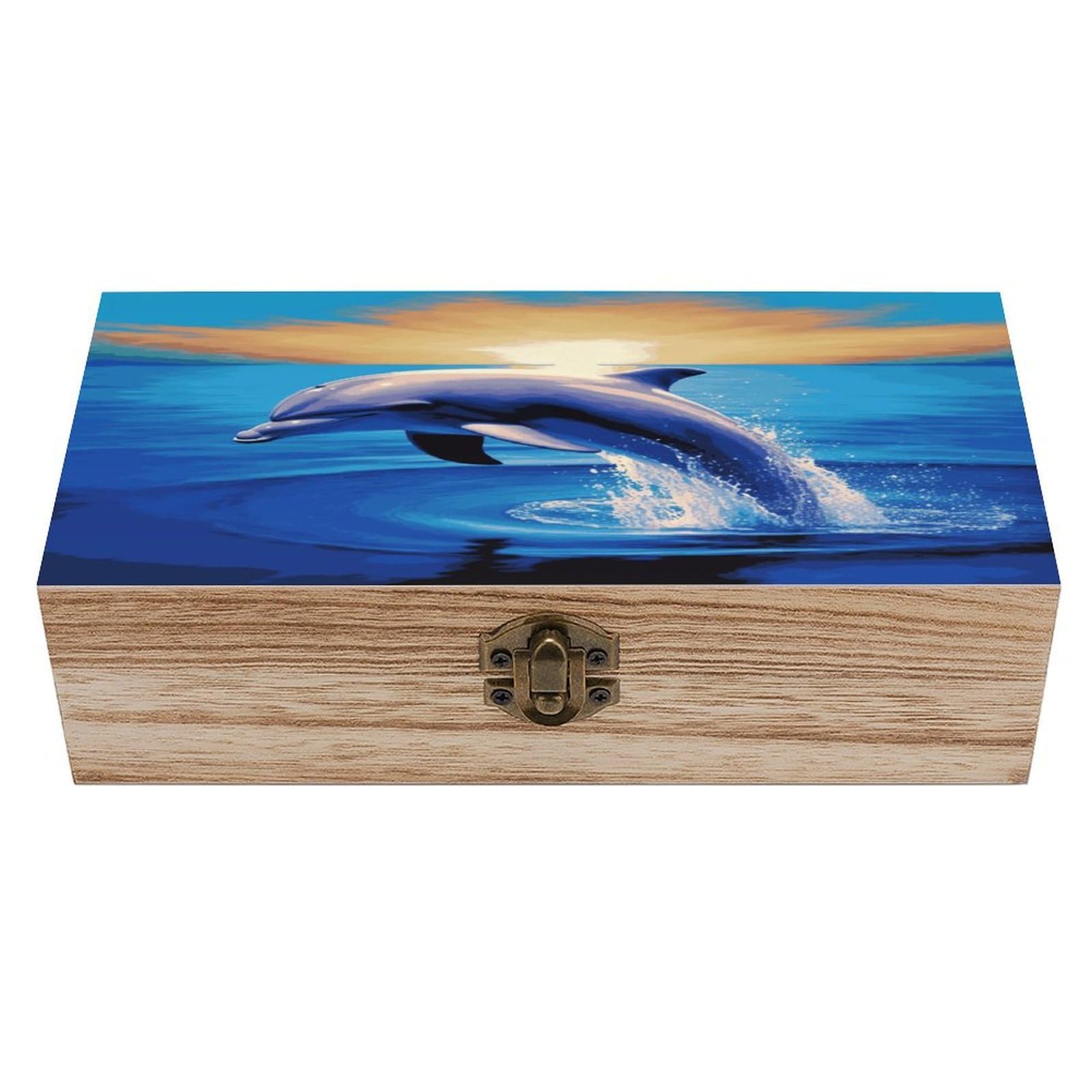 JTREHY Elegant Dolphin Wooden Keepsake Box Vintage-Style Wood Keepsake Case with Hinged Lid Solid Wood Boxes Beautifully Memory Treasure Case Vintage-Style Wooden Storage Box