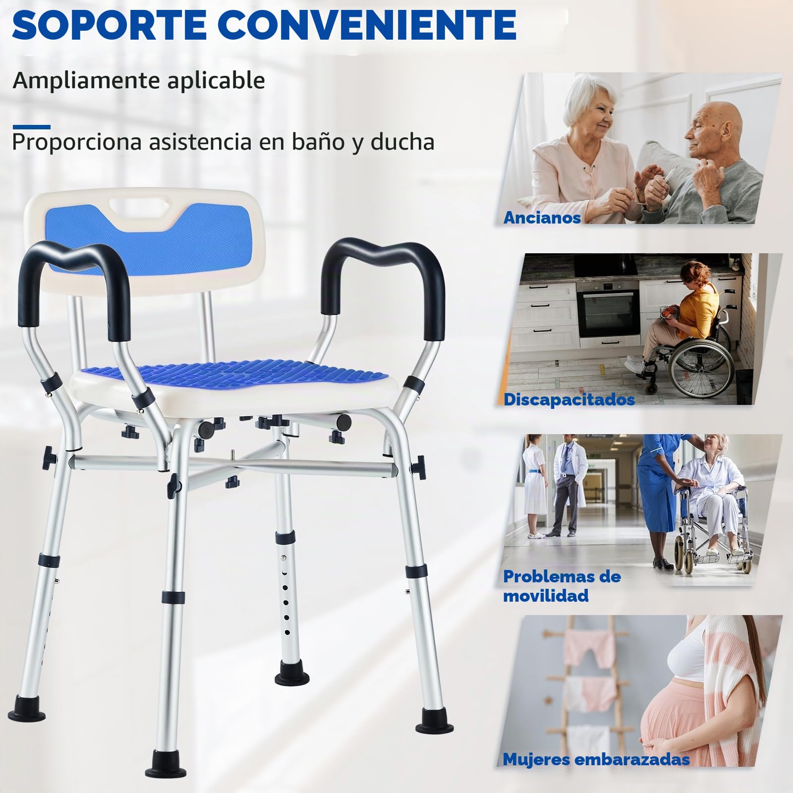 Silla de Ducha Mayores-Silla Ducha Ancha y Resistente con Respaldo y reposabrazos, Asiento De Ducha Antideslizante para Baño con Ajuste De Altura en 6 Niveles para Adultos y Personas Mayores