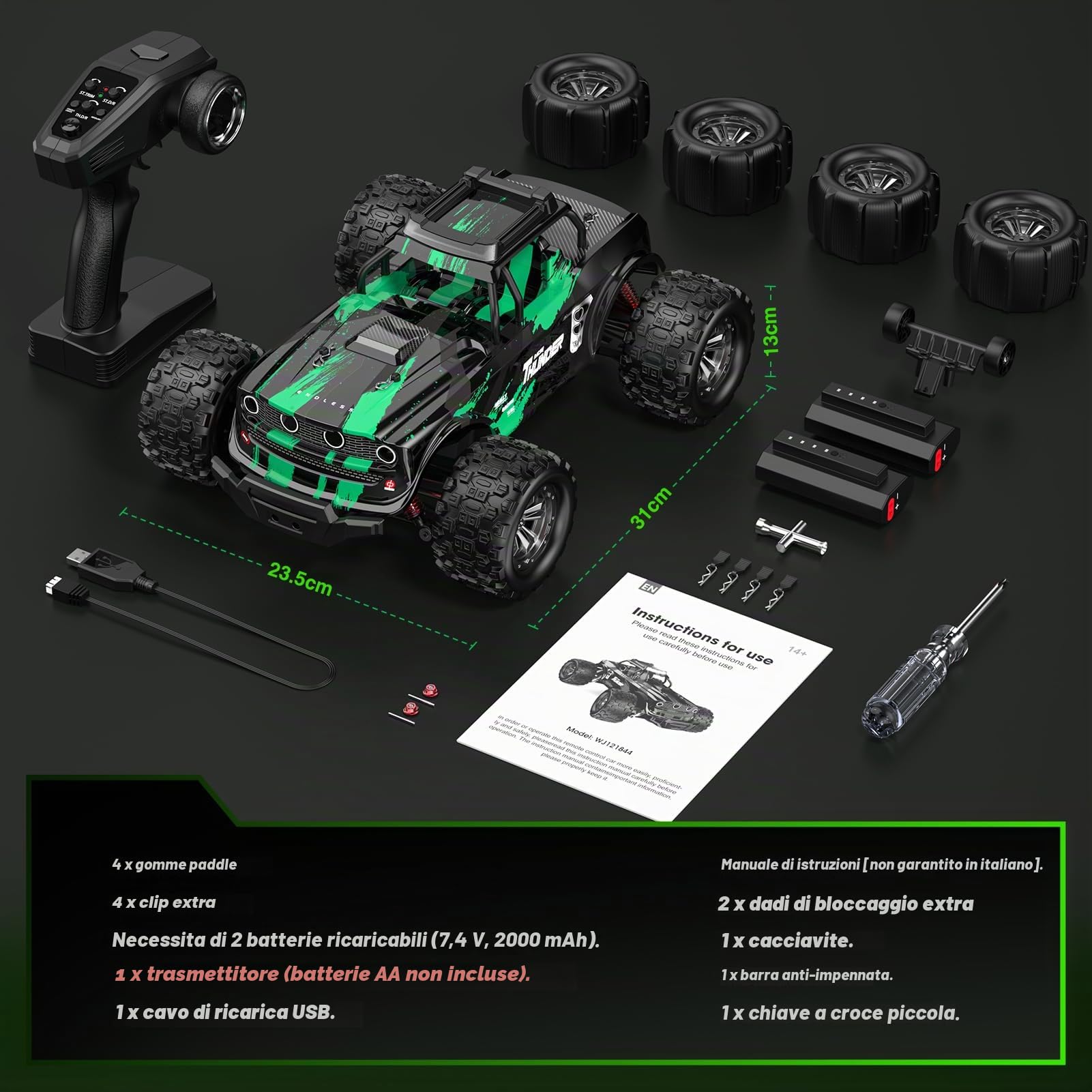 HappyGoLucky 1:14 Macchina Telecomandata Professionale, 50 KM/H, 2 Batterie da 2000 mAh, 4x4 All Terrains Monster Truck con luci LED, Auto Radiocomandata per Adulti e Ragazzi