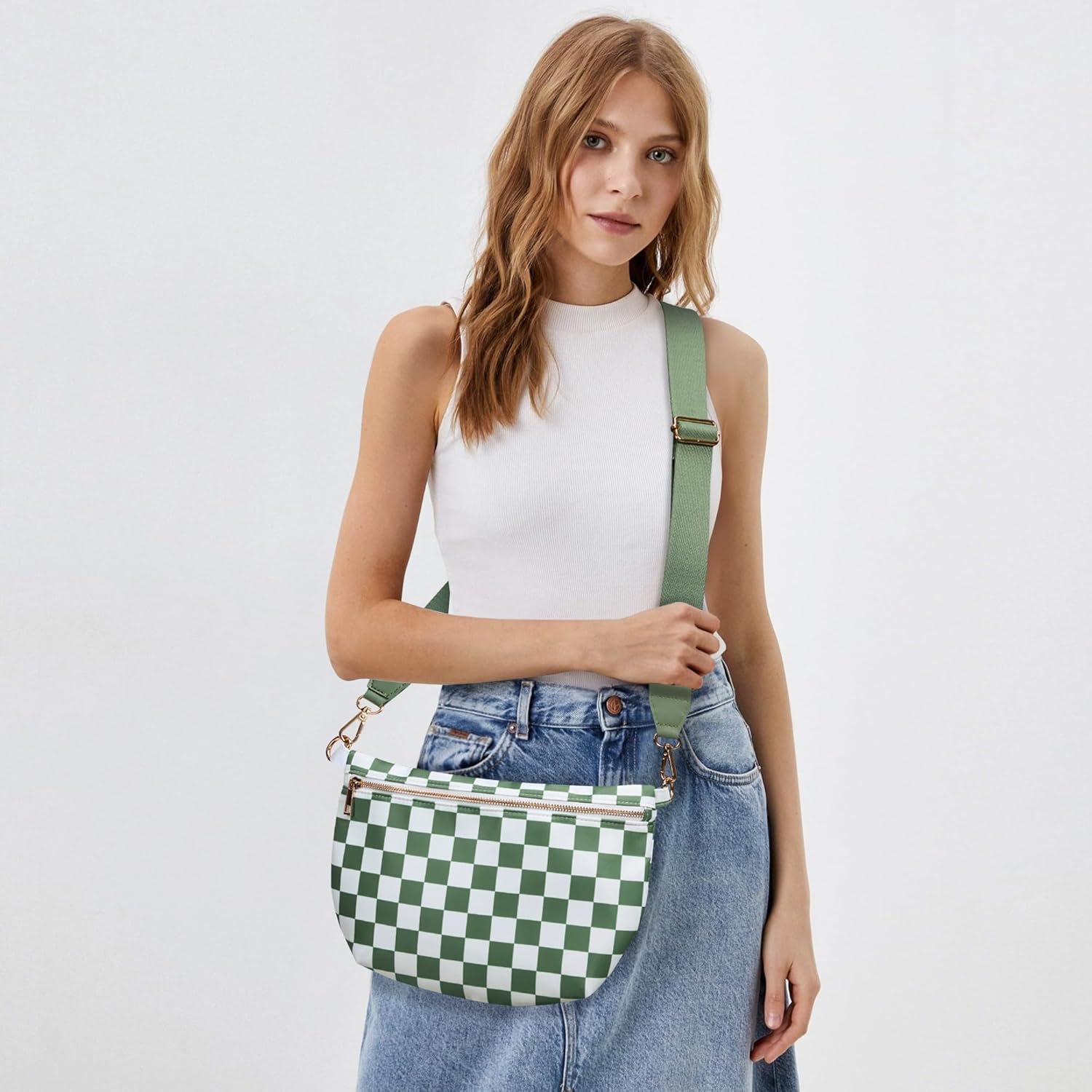 KALIDI Checkered Crossbody Bags for Women Travel Flat Fanny Packs for Woman Men Nylon Cross Body Purse Fashion Belt Bum Bag - Image 3