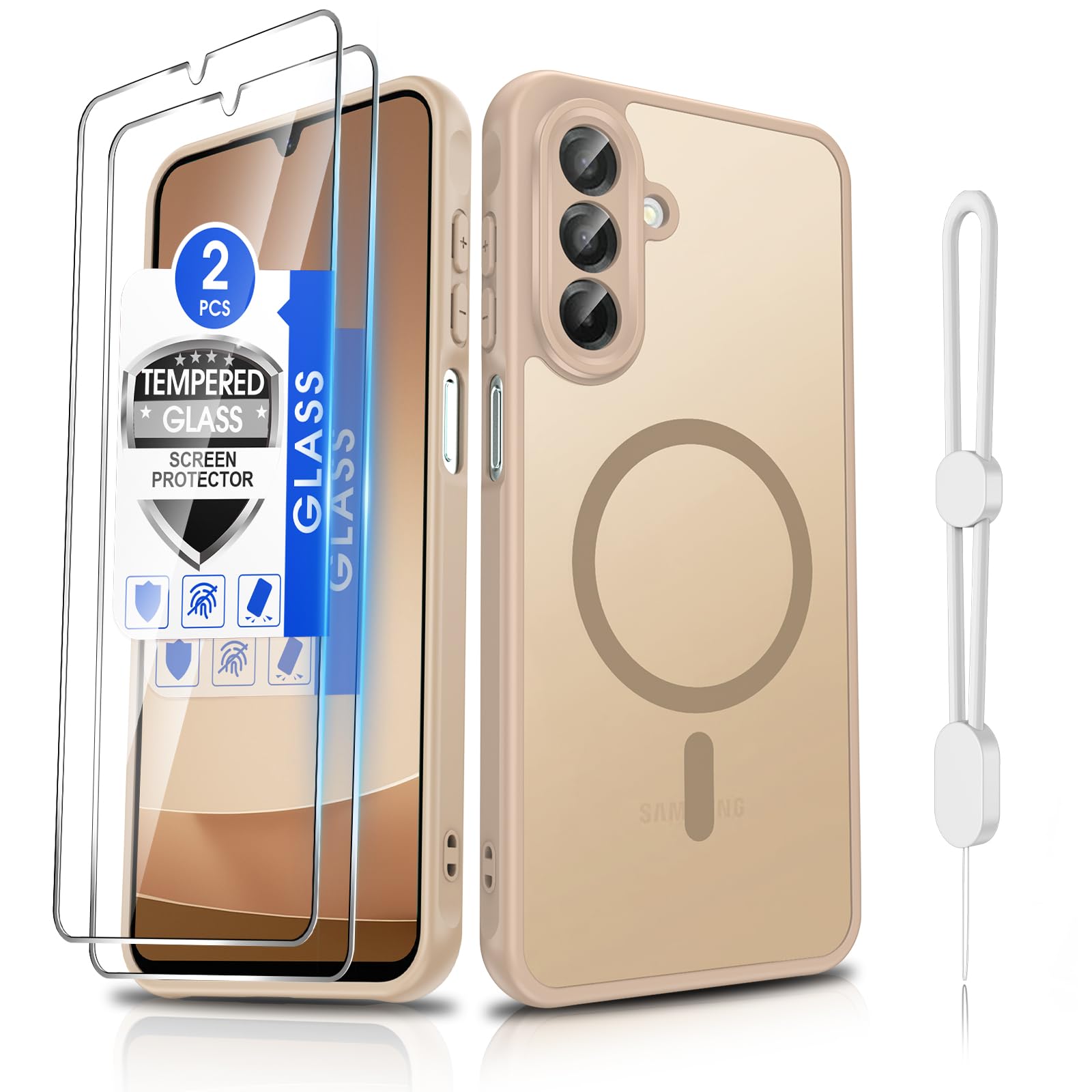 Dizn for Samsung Galaxy A26 5G Phone Case:Ultra‑Slim Matte Shockproof Protective Cover,for A26,with [2 Pcs] Tempered Glass Screen Protector,[Fit Magsafe],with Hand Strap &amp; Soft Funda para A 26,Beige