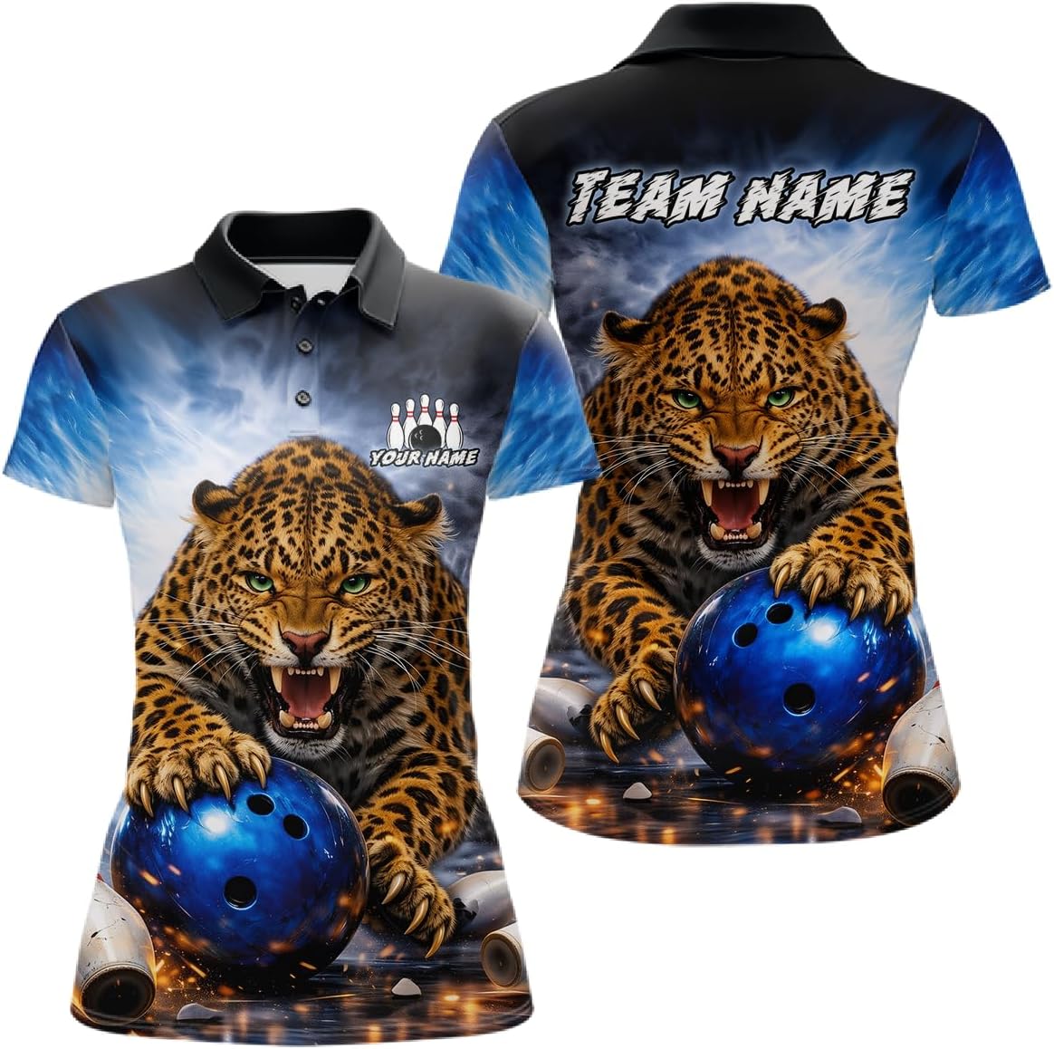 Leopard Bowling Shirts for Men Women Team Blue Leopard Bowling Jersey Bowling Polo and Bowling League Zip Shirt