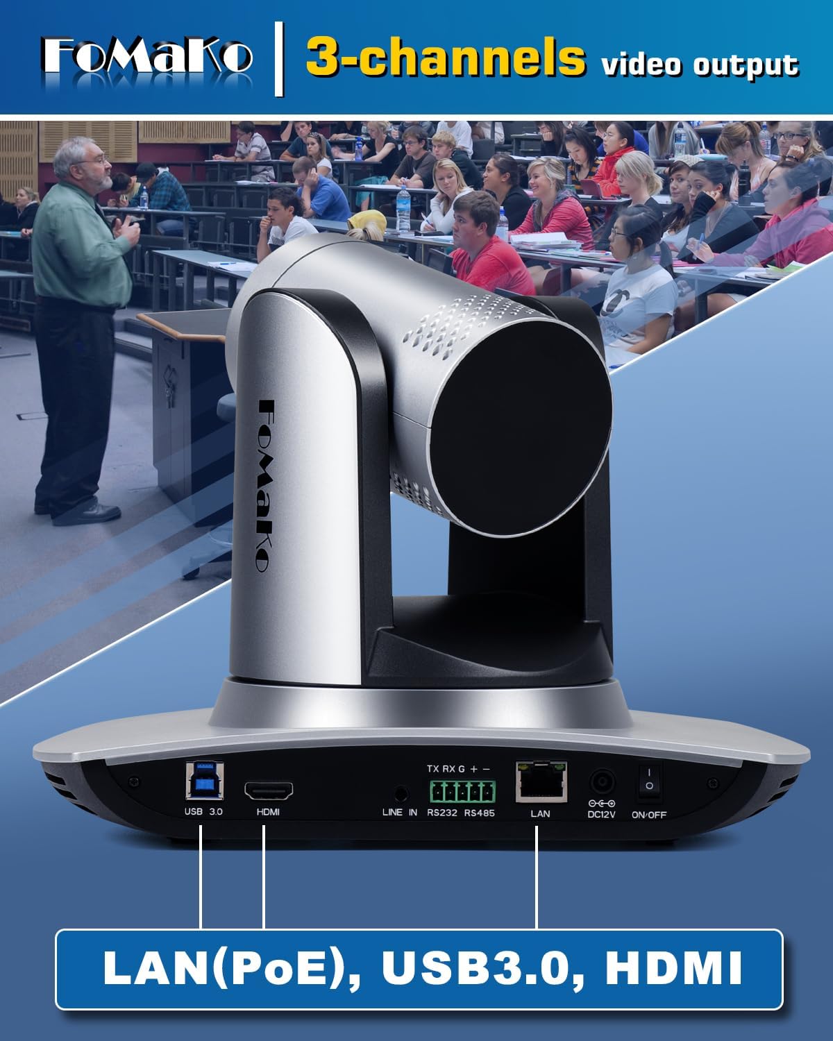 FoMaKo FMK12UH 20x AI PTZ Camera showing various installation methods